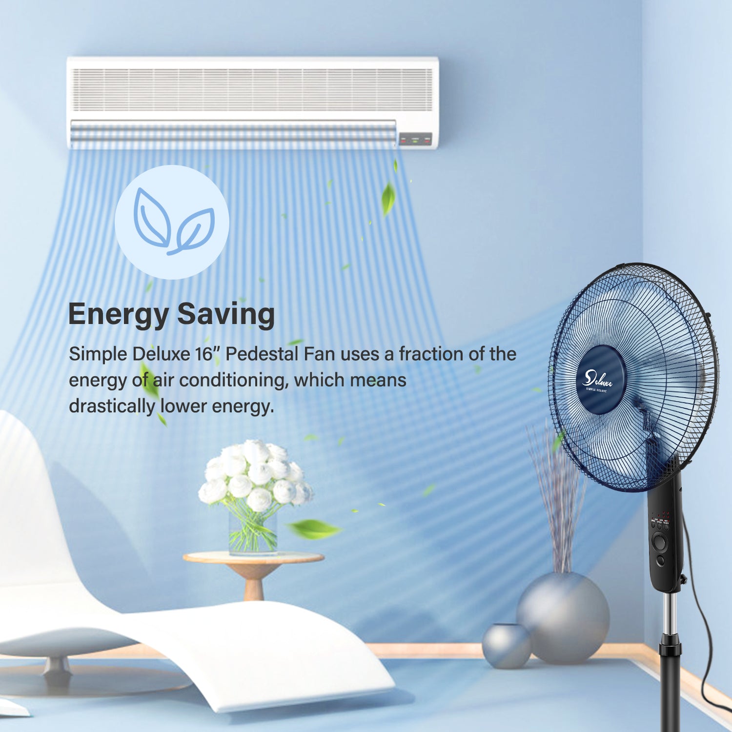 Simple Deluxe Oscillating 16 Adjustable 3 Speed Pedestal Stand Fan With Remote Control For Indoor, Bedroom, Living Room, Home Office & College Dorm Use Black Plastic