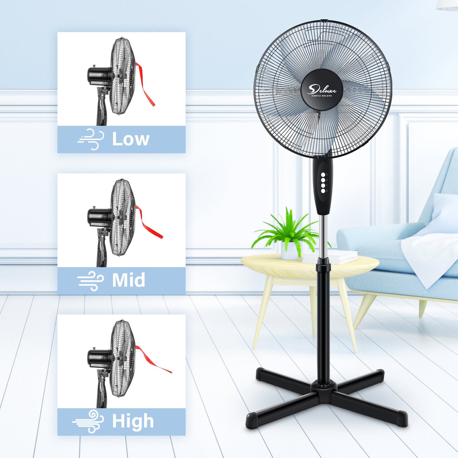 Simple Deluxe Oscillating 16 3 Adjustable Speed Pedestal Stand Fan For Indoor, Bedroom, Living Room, Home Office & College Dorm Use, 16 Inch, Black Black Metal