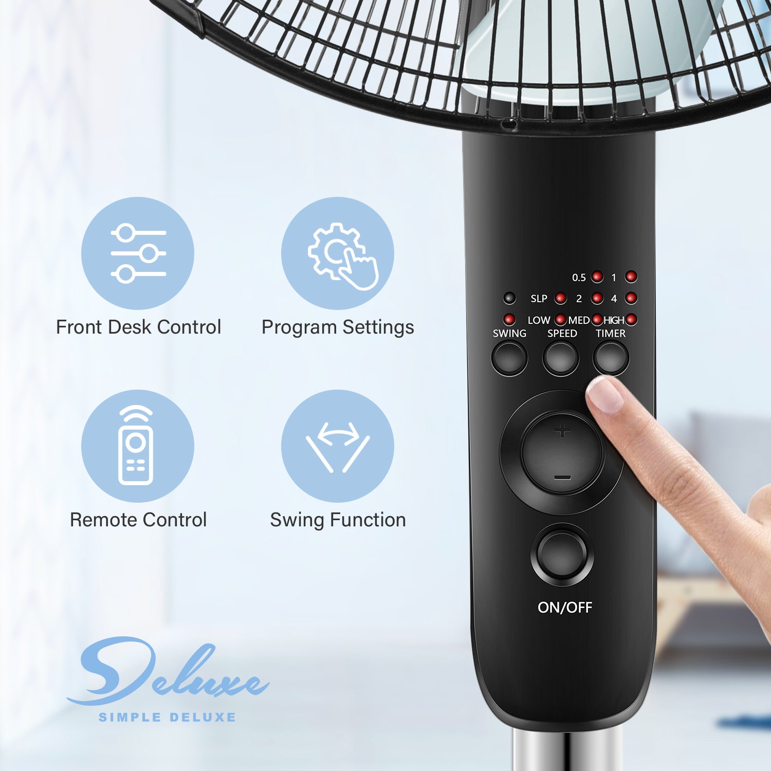 Simple Deluxe Oscillating 16 Adjustable 3 Speed Pedestal Stand Fan With Remote Control For Indoor, Bedroom, Living Room, Home Office & College Dorm Use Black Plastic