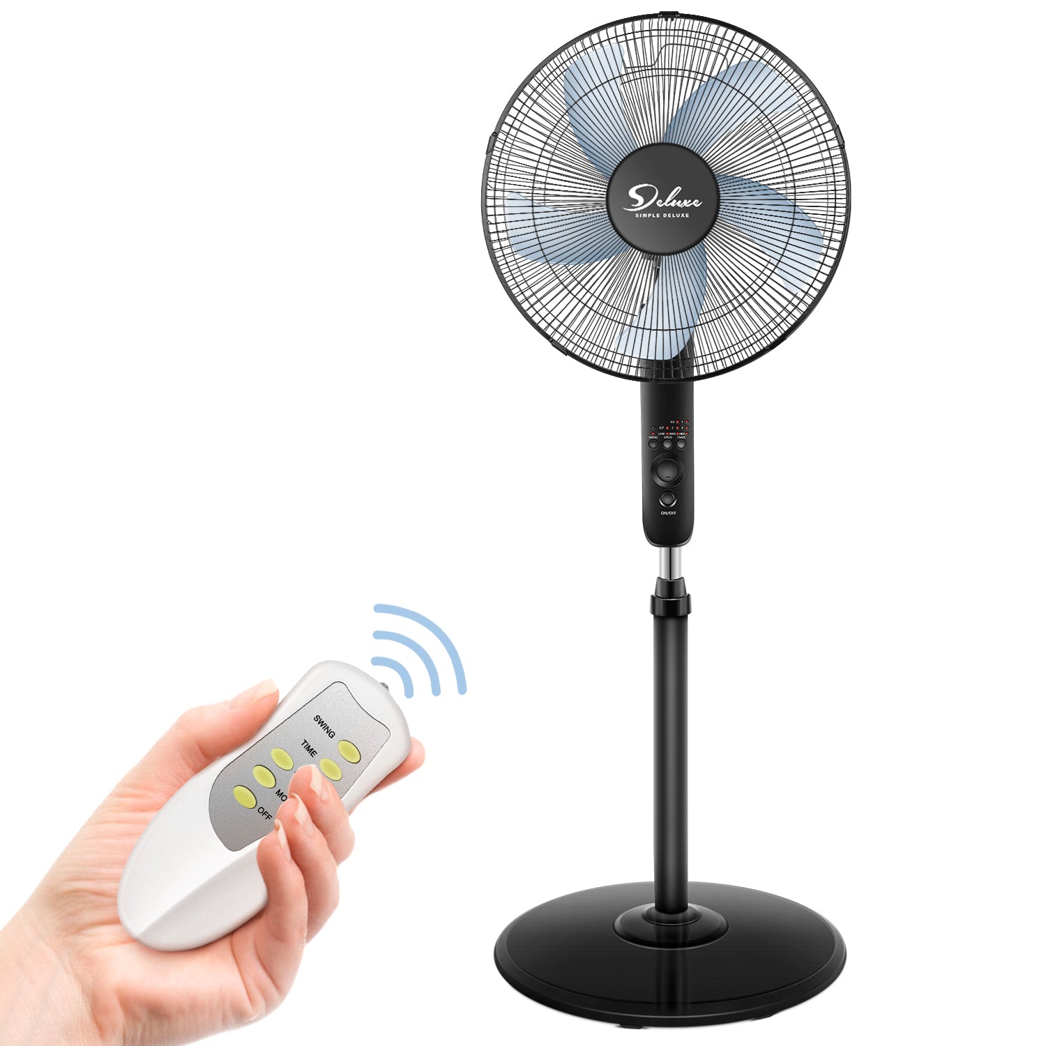 Simple Deluxe Oscillating 16 Adjustable 3 Speed Pedestal Stand Fan With Remote Control For Indoor, Bedroom, Living Room, Home Office & College Dorm Use Black Plastic