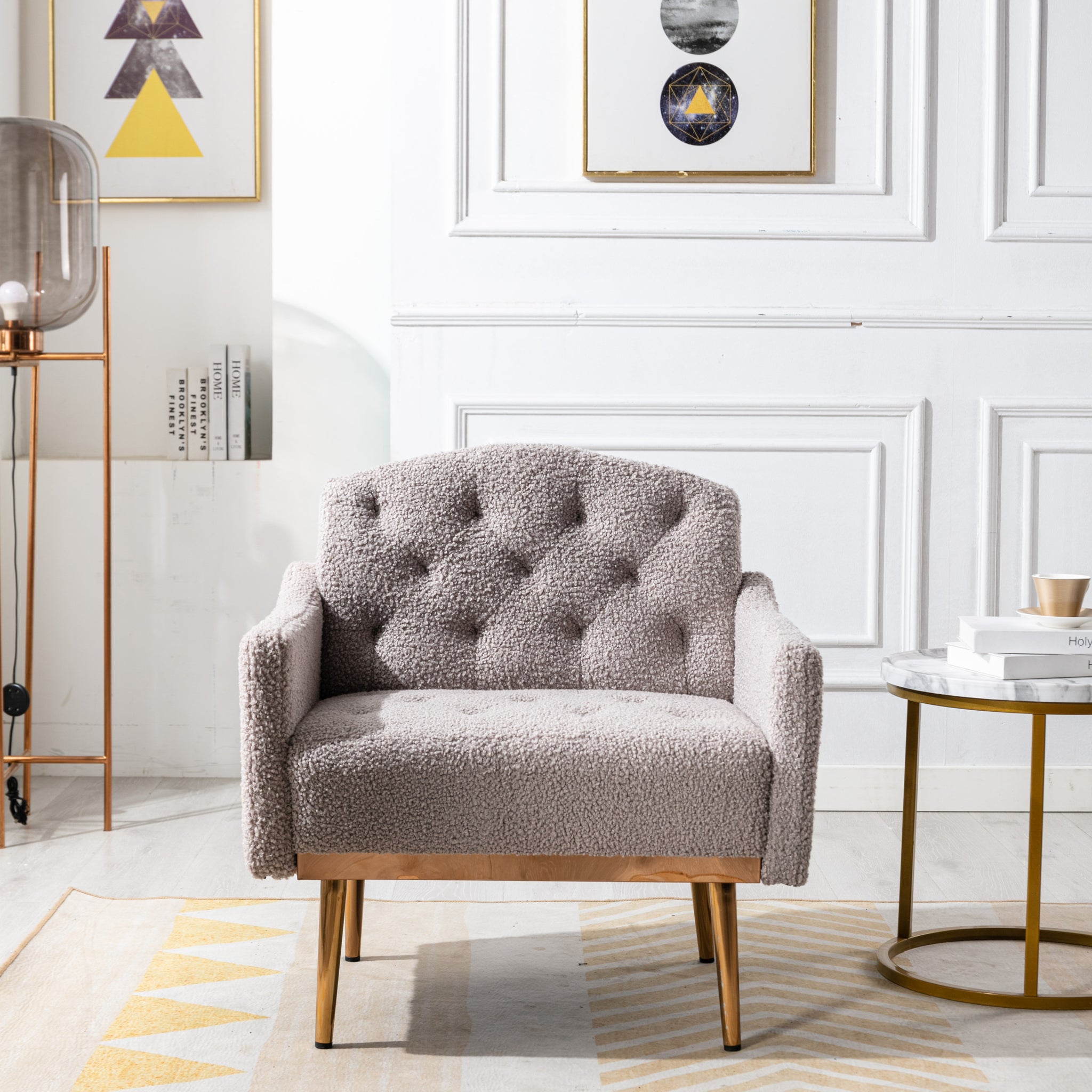 Coolmore Modern Accent Chair With Arms, Tufted Decorative Fabric Armchair With Gold Metal Legs, Upholstered Reading Chair For Living Room Bedroom Office Grey Teddy Grey Teddy Foam Metal