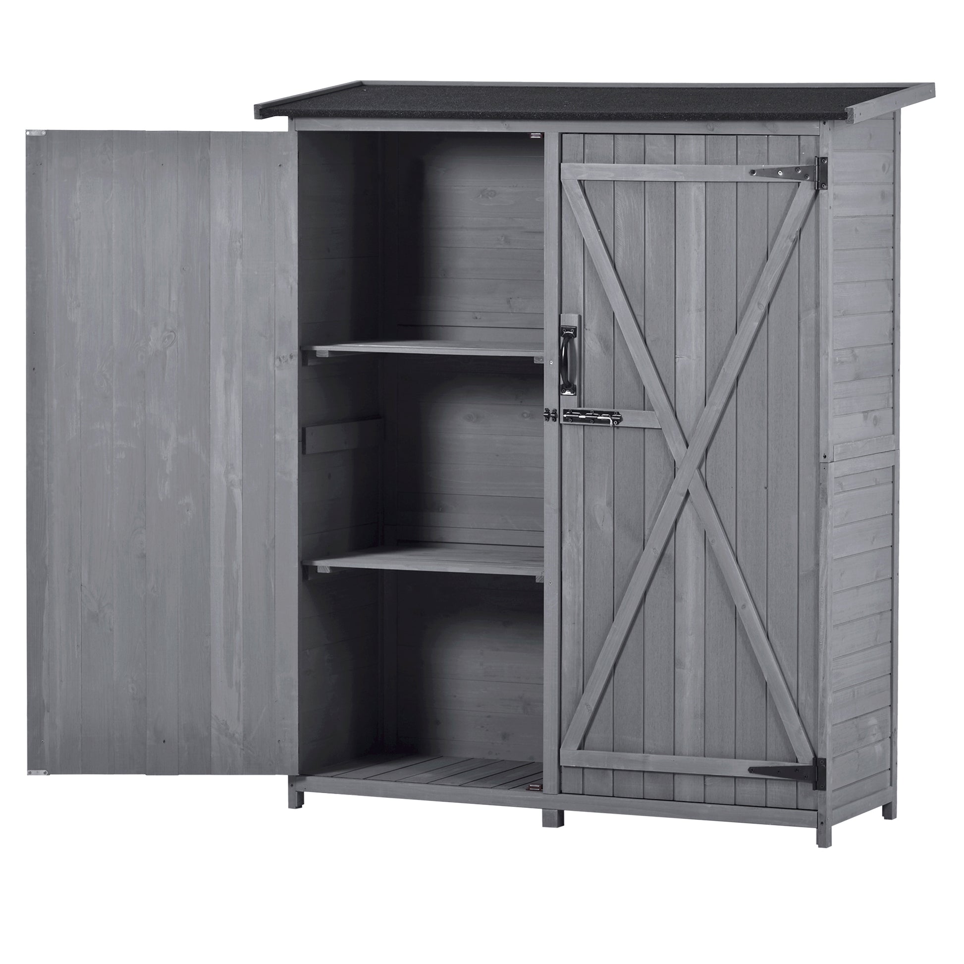 Outdoor 5.3Ft Hx4.6Ft L Wood Storage Shed Tool Organizer,Garden Shed, Storage Cabinet With Waterproof Asphalt Roof, Double Lockable Doors, 3 Tier Shelves For Backyard, Gray Gray Water Resistant Frame Garden & Outdoor Casual Wood Solid Wood