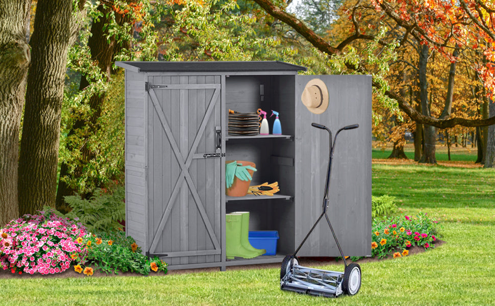 Outdoor 5.3Ft Hx4.6Ft L Wood Storage Shed Tool Organizer,Garden Shed, Storage Cabinet With Waterproof Asphalt Roof, Double Lockable Doors, 3 Tier Shelves For Backyard, Gray Gray Water Resistant Frame Garden & Outdoor Casual Wood Solid Wood