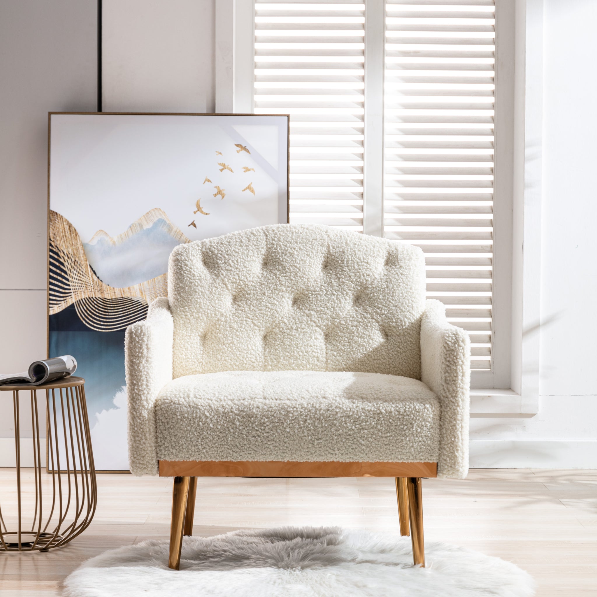Coolmore Modern Accent Chair With Arms, Tufted Decorative Fabric Armchair With Gold Metal Legs, Upholstered Reading Chair For Living Room Bedroom Office White Teddy White Teddy Foam Metal