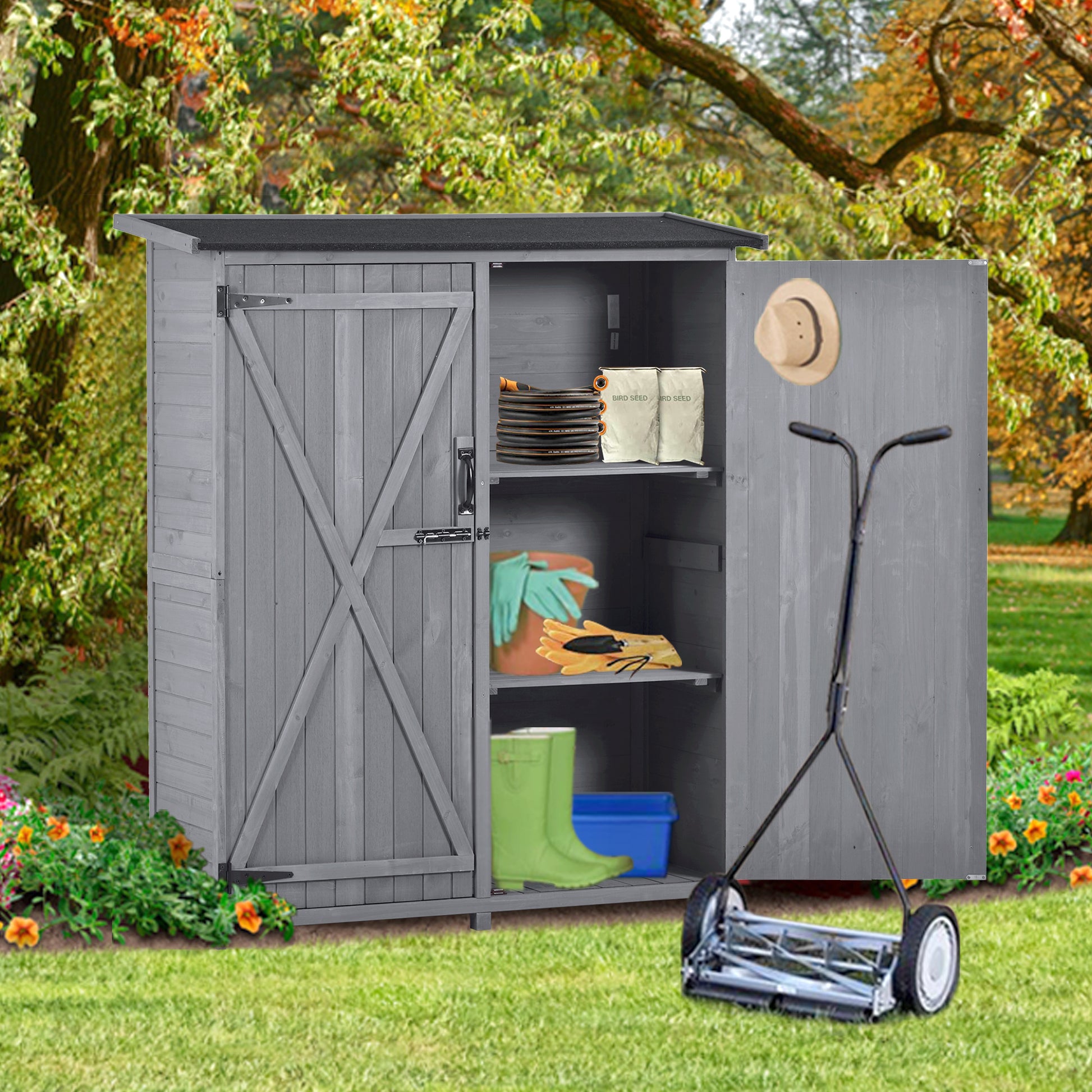 Outdoor 5.3Ft Hx4.6Ft L Wood Storage Shed Tool Organizer,Garden Shed, Storage Cabinet With Waterproof Asphalt Roof, Double Lockable Doors, 3 Tier Shelves For Backyard, Gray Gray Water Resistant Frame Garden & Outdoor Casual Wood Solid Wood