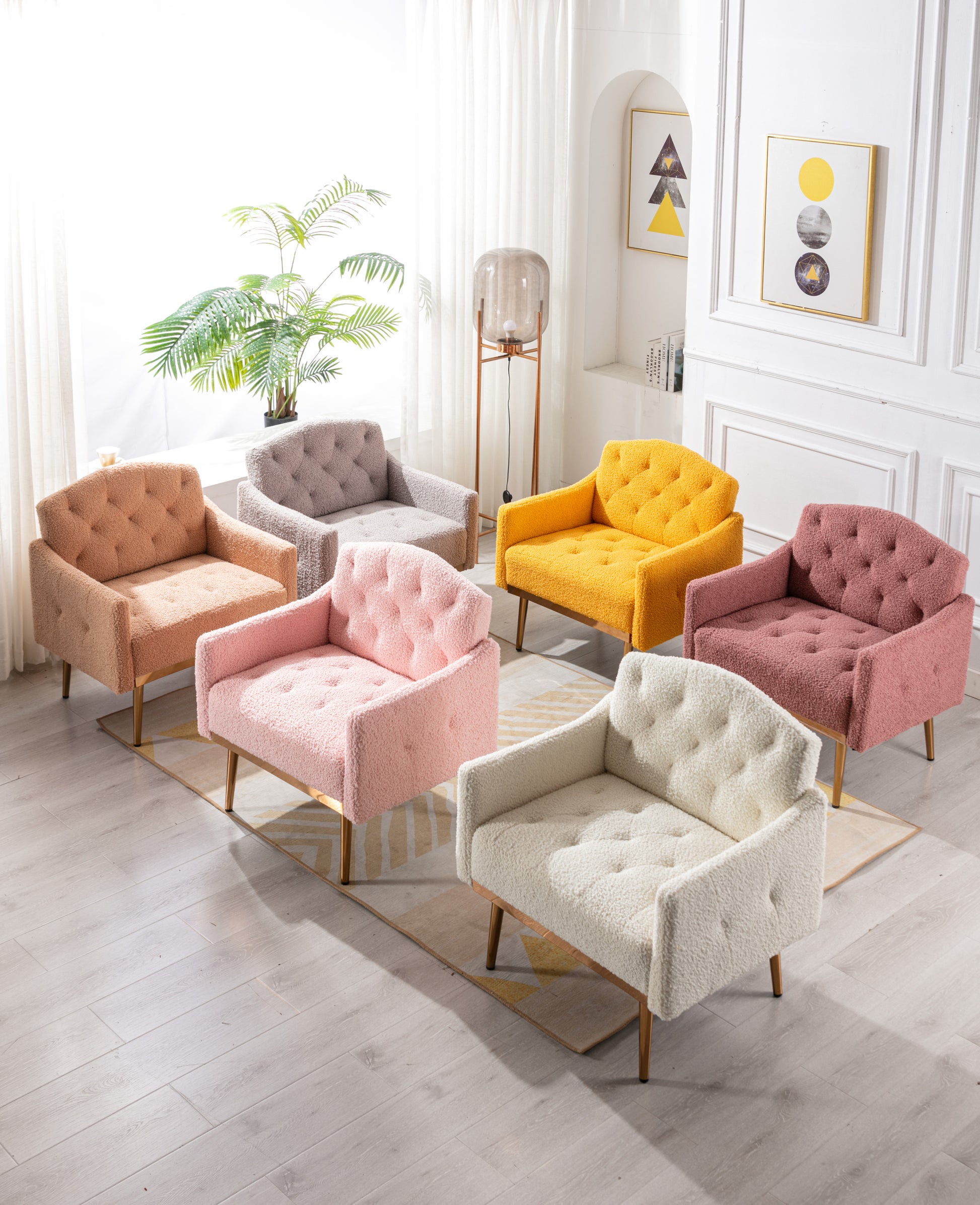 Coolmore Modern Accent Chair With Arms, Tufted Decorative Fabric Armchair With Gold Metal Legs, Upholstered Reading Chair For Living Room Bedroom Office White Teddy White Teddy Foam Metal