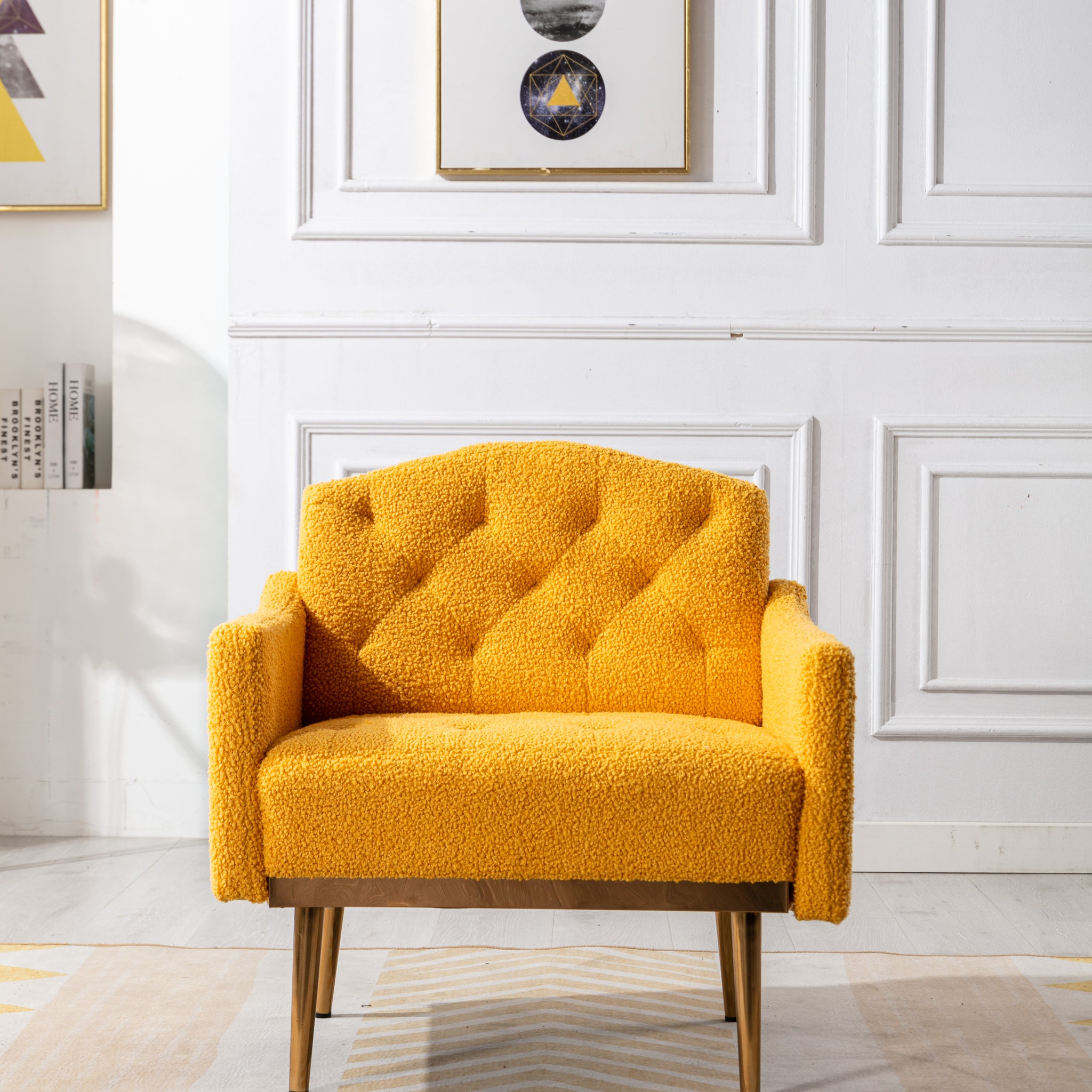 Coolmore Modern Accent Chair With Arms, Tufted Decorative Fabric Armchair With Gold Metal Legs, Upholstered Reading Chair For Living Room Bedroom Office Mustard Teddy Mustard Teddy Foam Metal