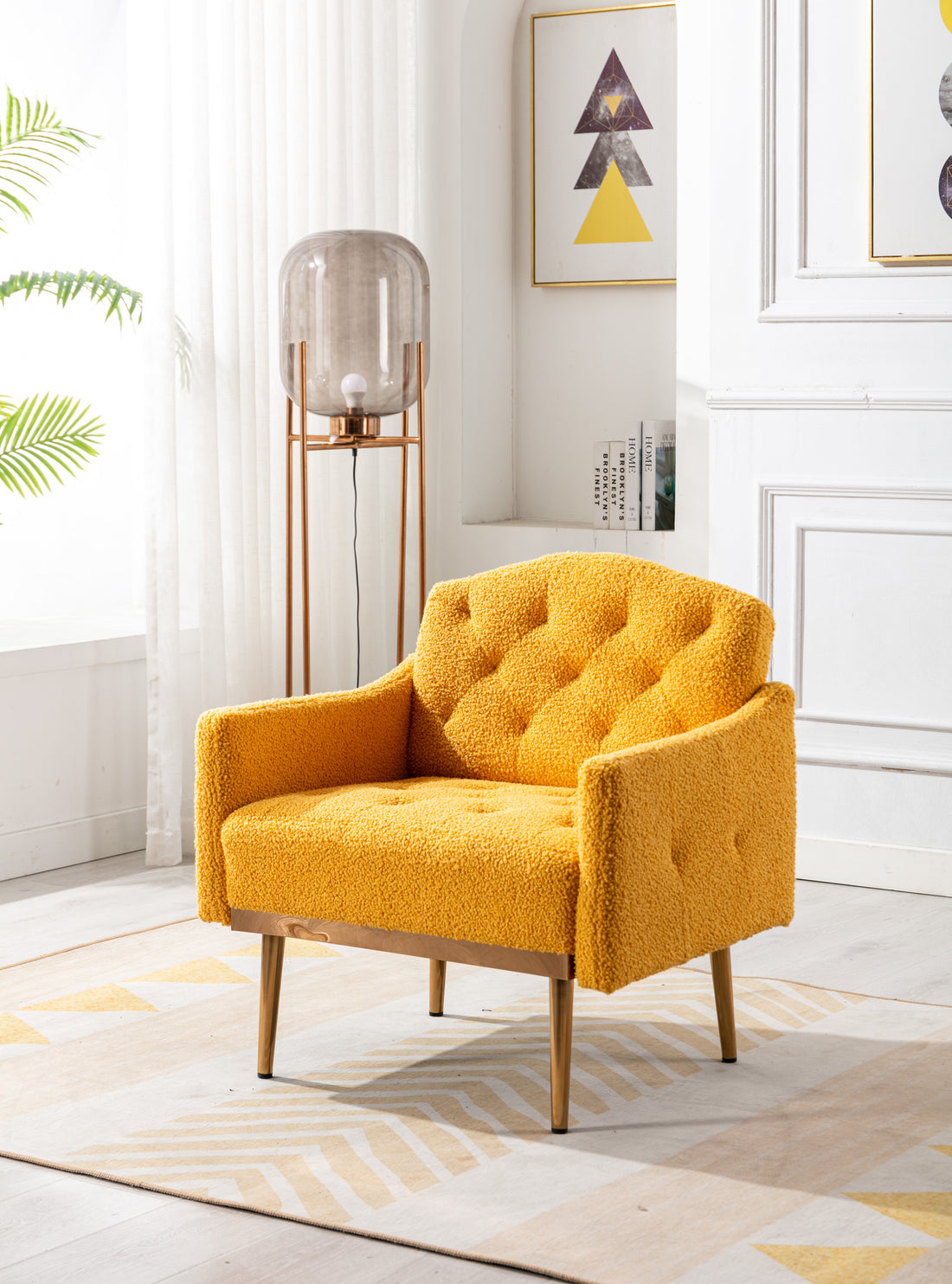 Coolmore Modern Accent Chair With Arms, Tufted Decorative Fabric Armchair With Gold Metal Legs, Upholstered Reading Chair For Living Room Bedroom Office Mustard Teddy Mustard Teddy Foam Metal