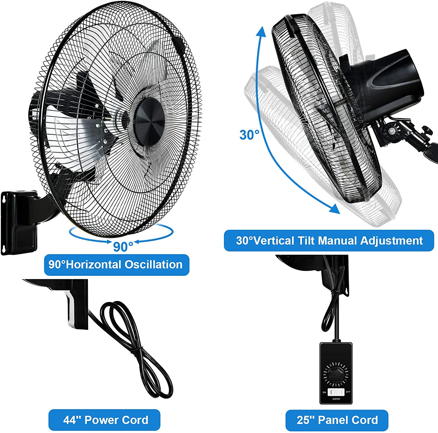 2Pack Healsmart 18 Inch Household Commercial Wall Mount Fan, 90 Degree Horizontal Oscillation, 5 Speed Settings, Black Black Metal