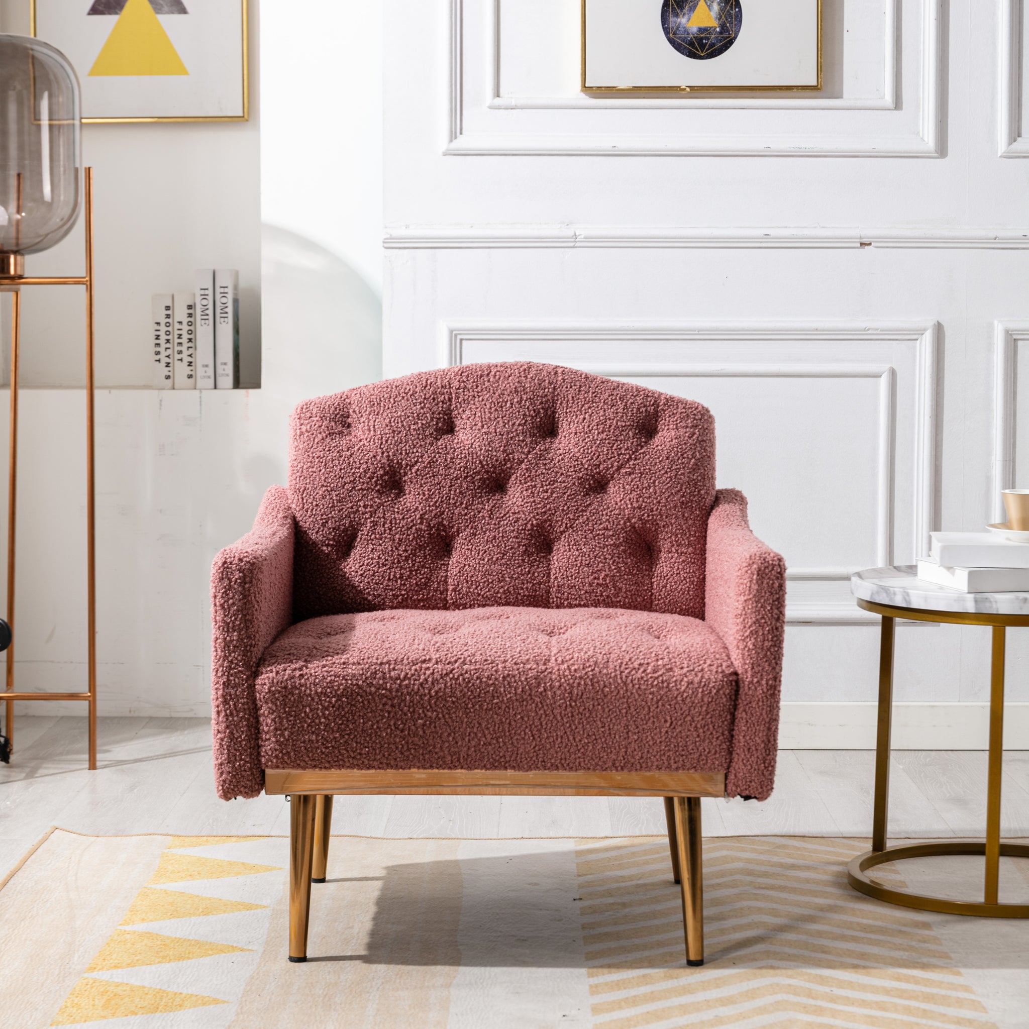 Coolmore Modern Accent Chair With Arms, Tufted Decorative Fabric Armchair With Gold Metal Legs, Upholstered Reading Chair For Living Room Bedroom Office Brush Pink Teddy Brush Pink Teddy Foam Metal