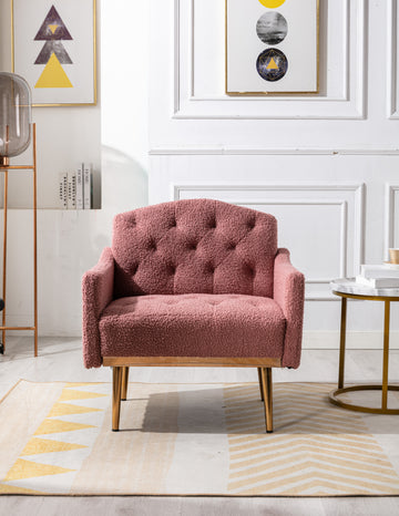 Coolmore Modern Accent Chair With Arms, Tufted Decorative Fabric Armchair With Gold Metal Legs, Upholstered Reading Chair For Living Room Bedroom Office Brush Pink Teddy Brush Pink Teddy Foam Metal