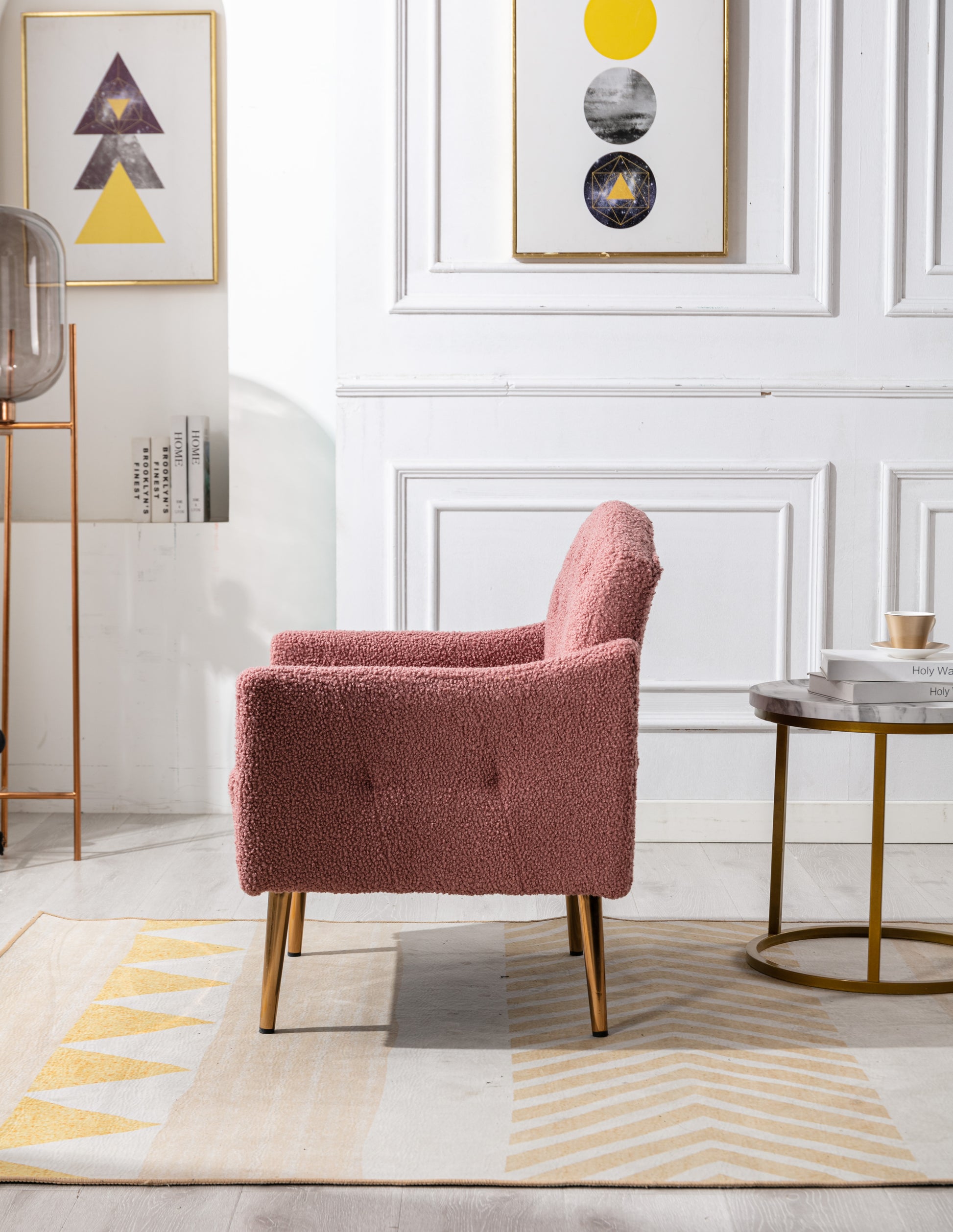 Coolmore Modern Accent Chair With Arms, Tufted Decorative Fabric Armchair With Gold Metal Legs, Upholstered Reading Chair For Living Room Bedroom Office Brush Pink Teddy Brush Pink Teddy Foam Metal