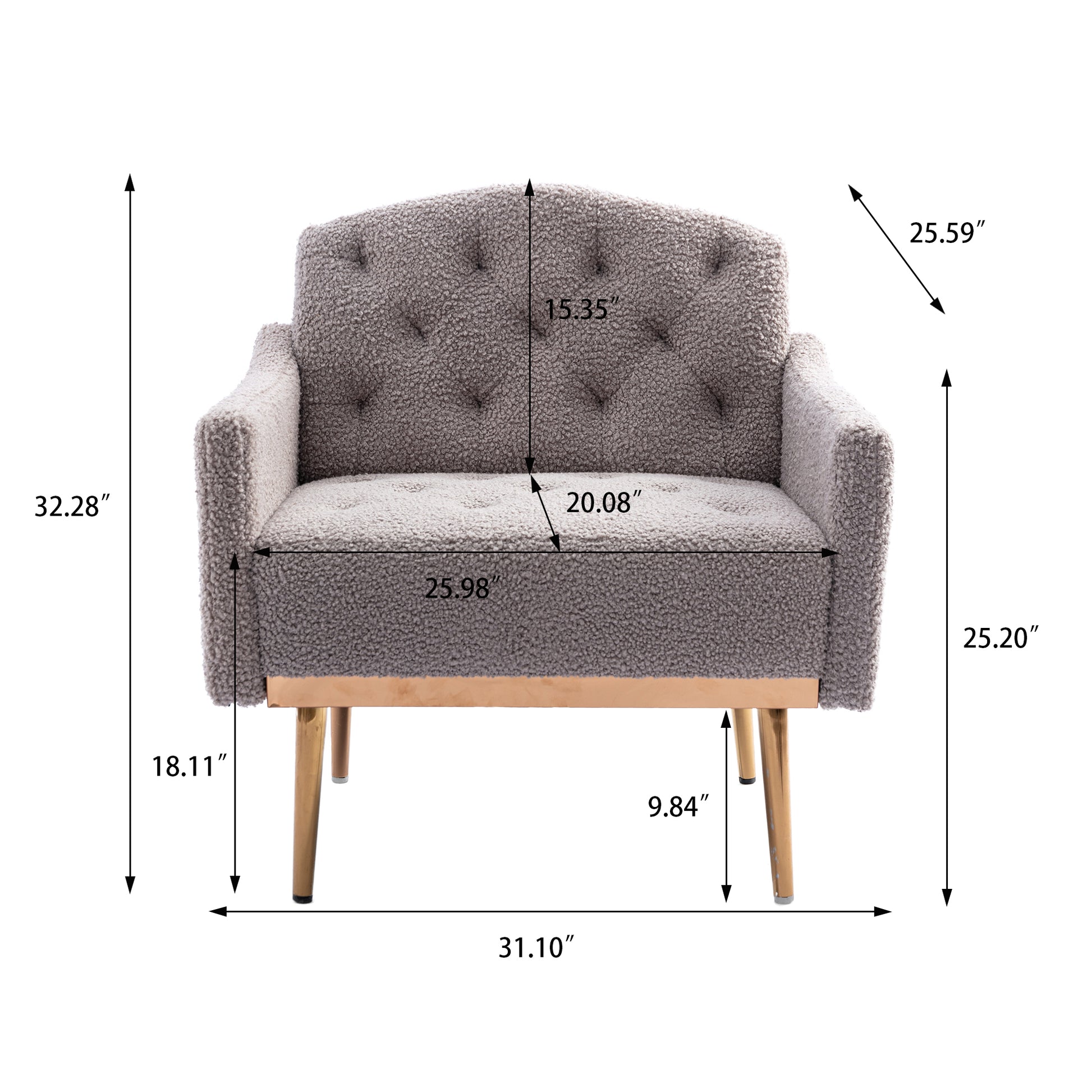 Coolmore Modern Accent Chair With Arms, Tufted Decorative Fabric Armchair With Gold Metal Legs, Upholstered Reading Chair For Living Room Bedroom Office Grey Teddy Grey Teddy Foam Metal