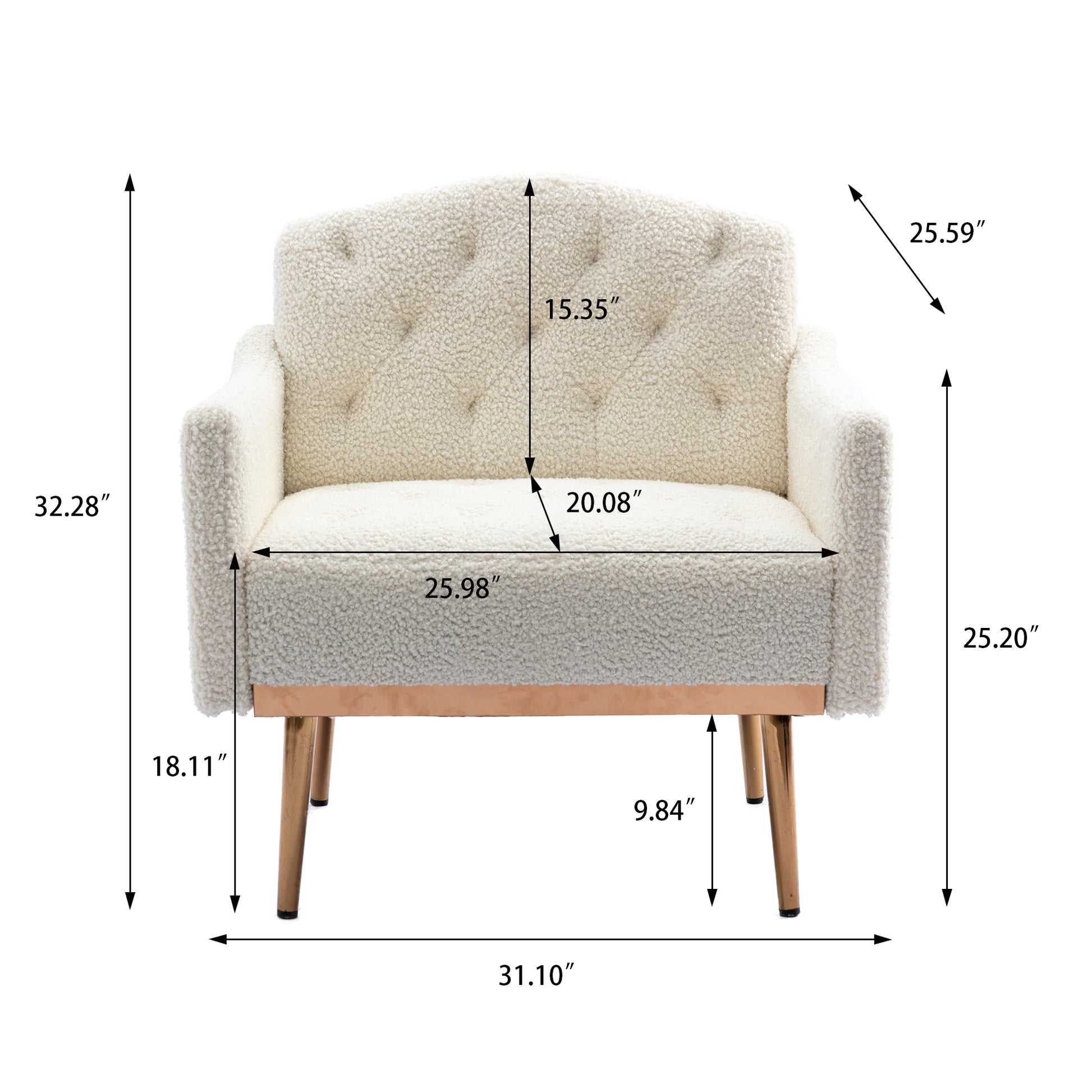 Coolmore Modern Accent Chair With Arms, Tufted Decorative Fabric Armchair With Gold Metal Legs, Upholstered Reading Chair For Living Room Bedroom Office White Teddy White Teddy Foam Metal