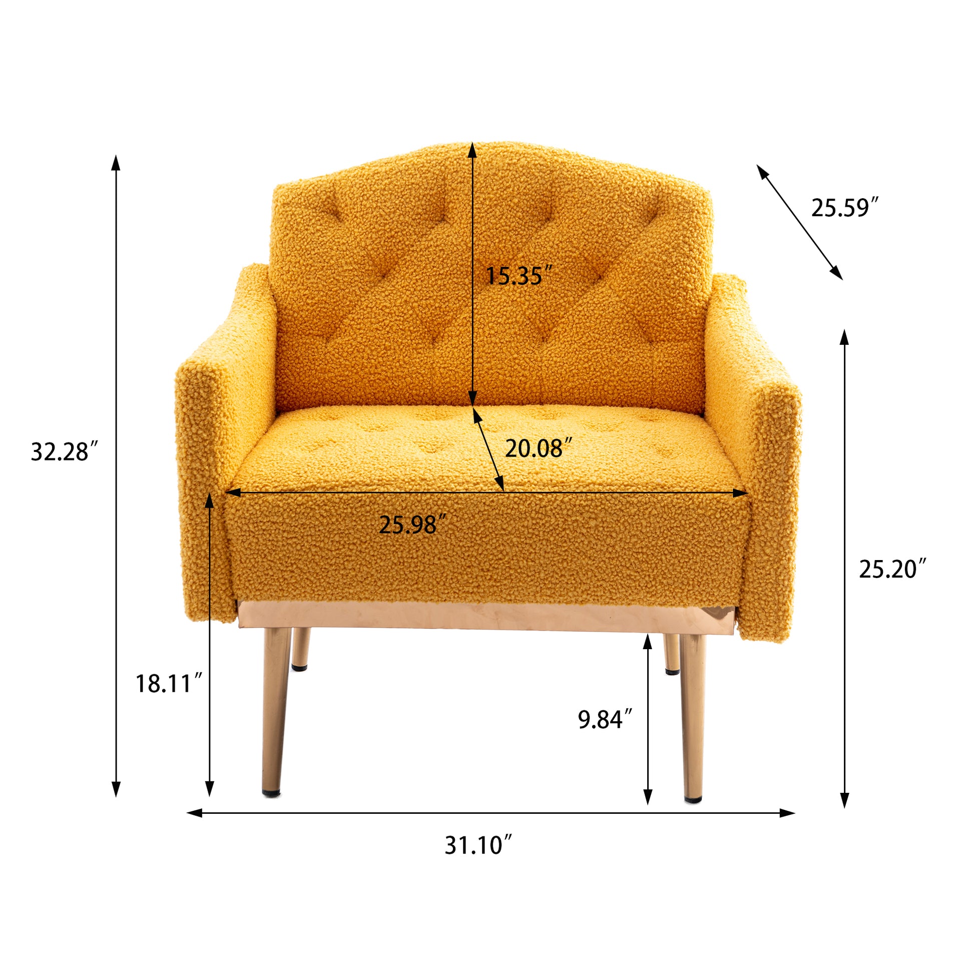 Coolmore Modern Accent Chair With Arms, Tufted Decorative Fabric Armchair With Gold Metal Legs, Upholstered Reading Chair For Living Room Bedroom Office Mustard Teddy Mustard Teddy Foam Metal