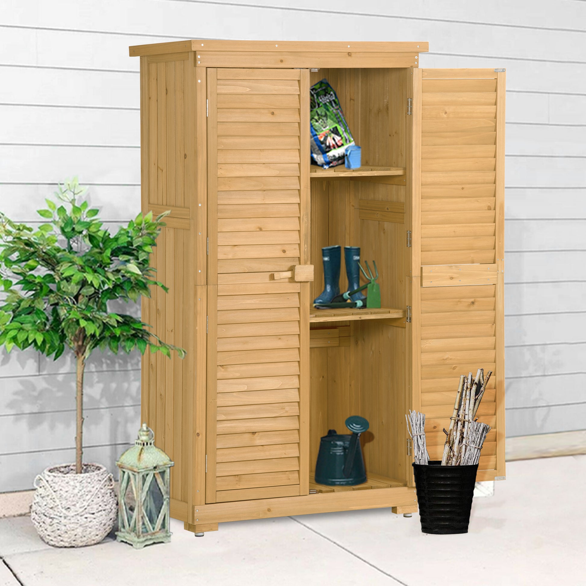 Wooden Garden Shed 3 Tier Patio Storage Cabinet Outdoor Organizer Wooden Lockers With Fir Wood Natural Wood Color Shutter Design Natural Water Resistant Frame Garden & Outdoor Casual Wood Solid Wood