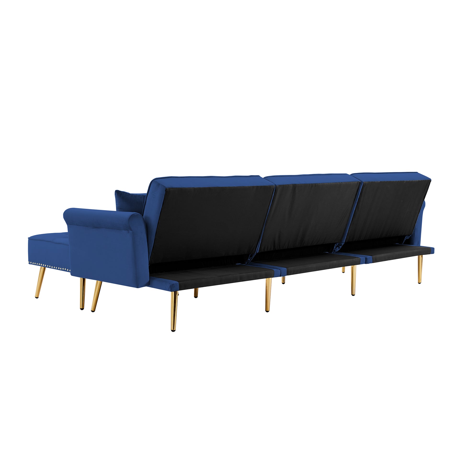 Modern Velvet Upholstered Reversible Sectional Sofa Bedl Shaped Couch With Movable Ottoman And Trim For Living Room. Blue Blue Velvet Wood Tufted Back Foam Velvet 3 Seat