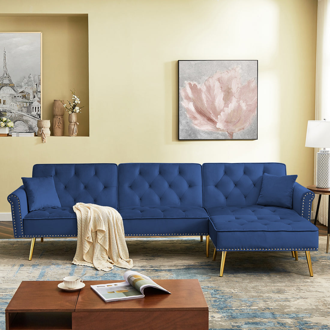 Modern Velvet Upholstered Reversible Sectional Sofa Bedl Shaped Couch With Movable Ottoman And Trim For Living Room. Blue Blue Velvet Wood Tufted Back Foam Velvet 3 Seat