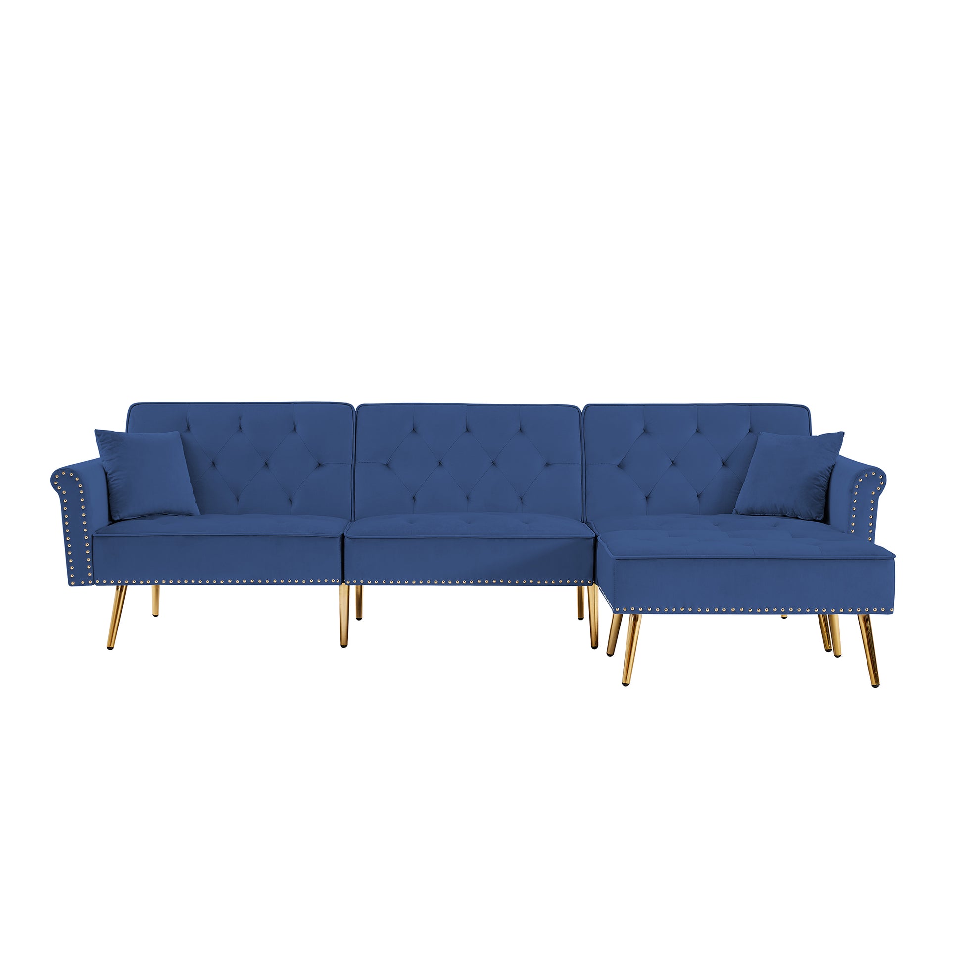 Modern Velvet Upholstered Reversible Sectional Sofa Bedl Shaped Couch With Movable Ottoman And Trim For Living Room. Blue Blue Velvet Wood Tufted Back Foam Velvet 3 Seat