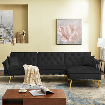 Modern Velvet Upholstered Reversible Sectional Sofa Bedl Shaped Couch With Movable Ottoman And Trim For Living Room. Black Black Velvet Wood Tufted Back Foam Velvet 3 Seat