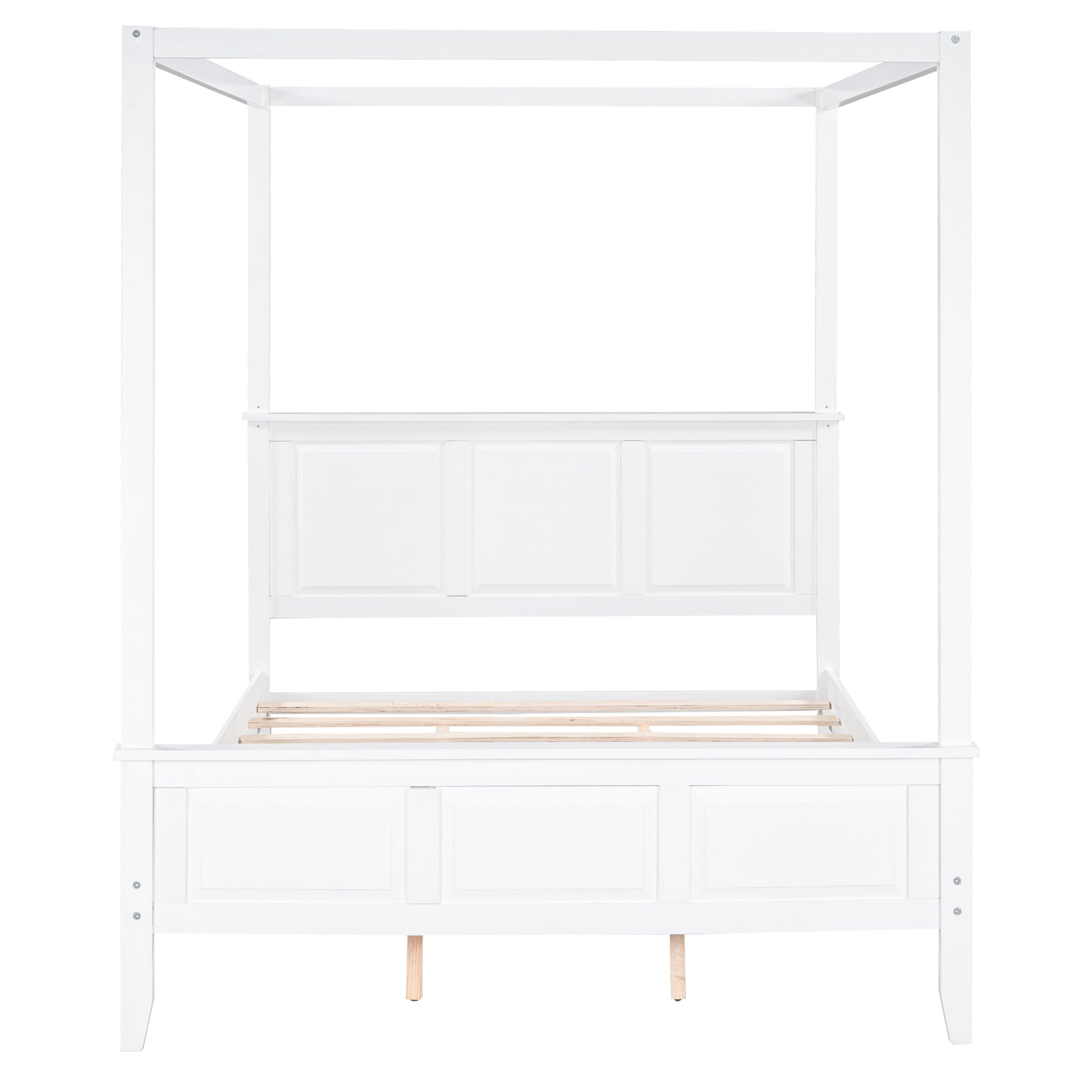 Queen Size Canopy Platform Bed With Headboard And Footboard,Slat Support Leg,White Box Spring Not Required Queen White Wood Canopy Pine