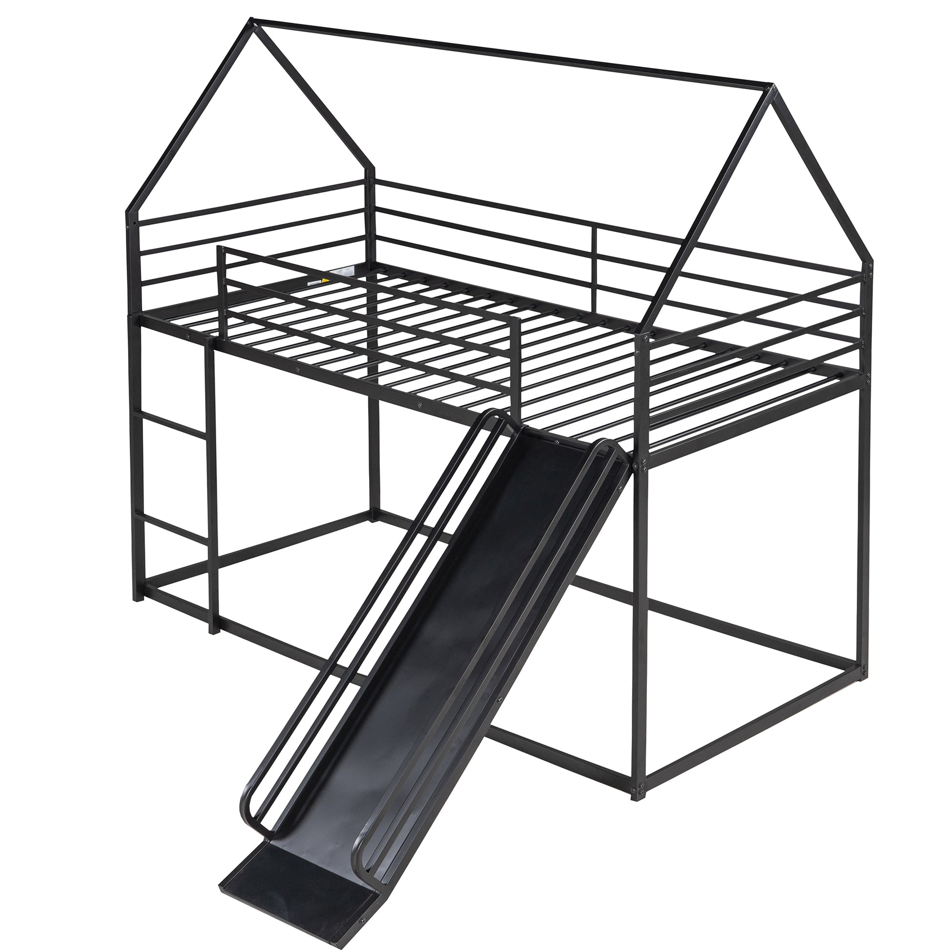 Twin Over Twin House Bunk Bed With Ladder And Slide,Black Black Metal