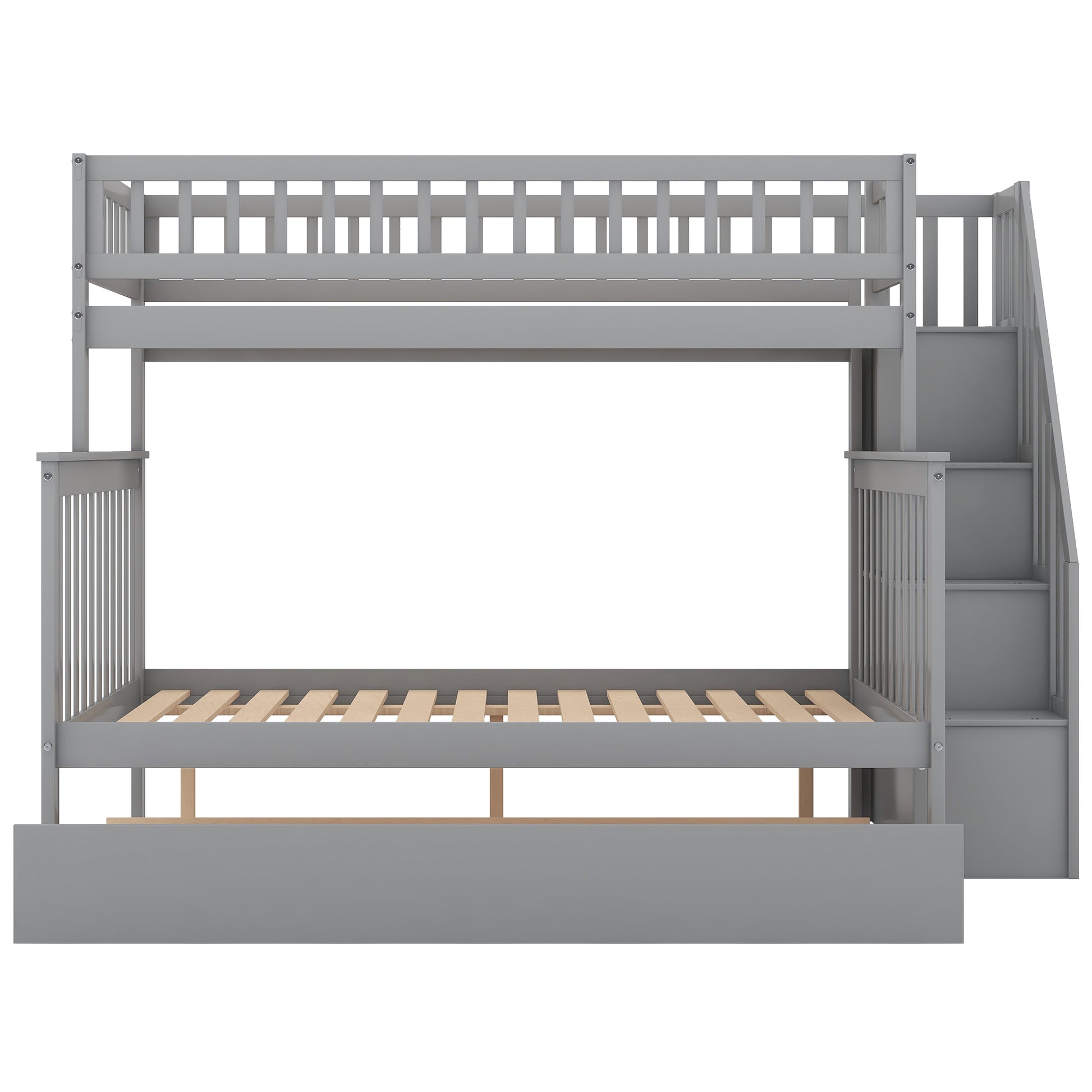 Twin Over Full Bunk Bed With Trundle And Staircase,Gray Twin Gray Pine