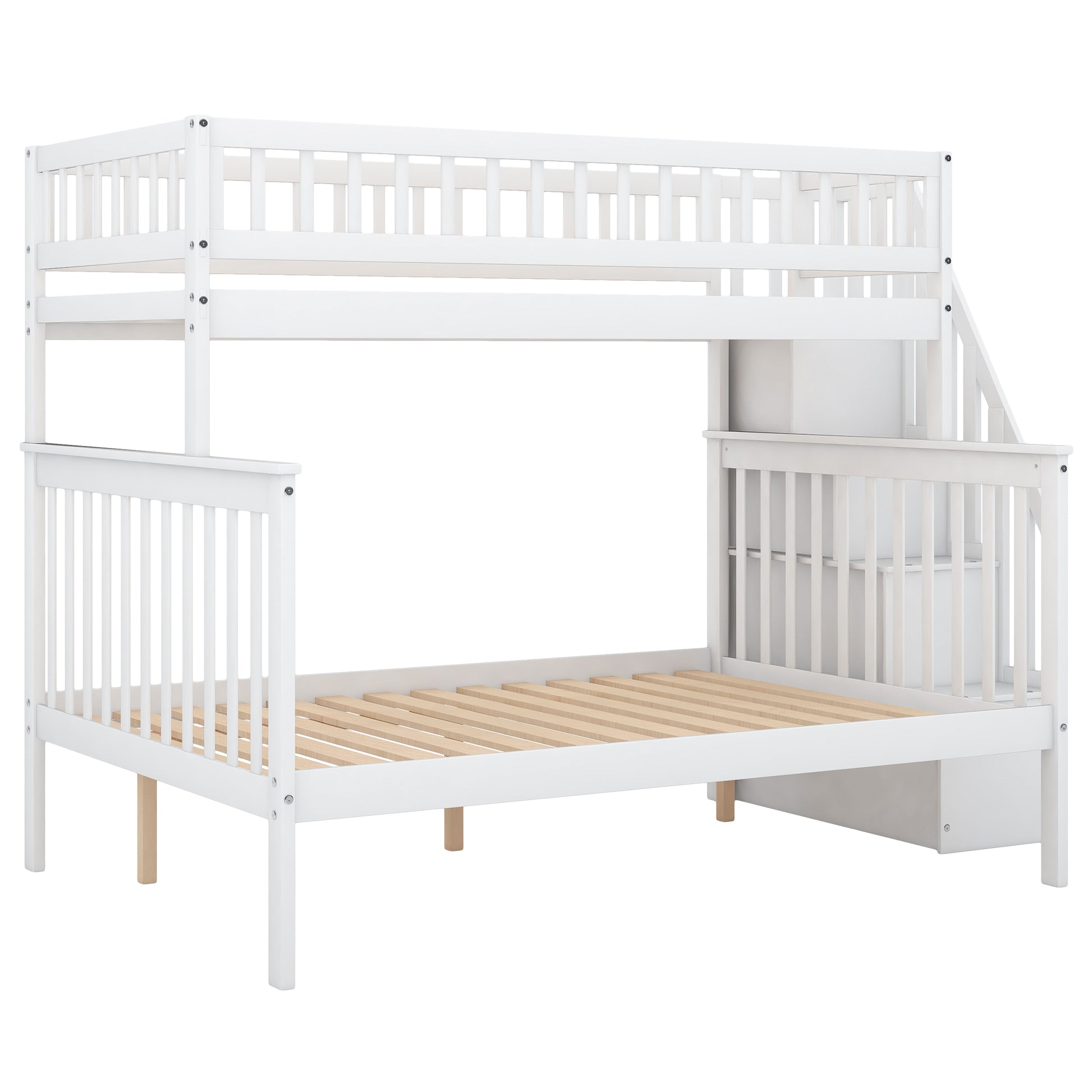Twin Over Full Stairway Bunk Bed With Storage, White Twin White Pine