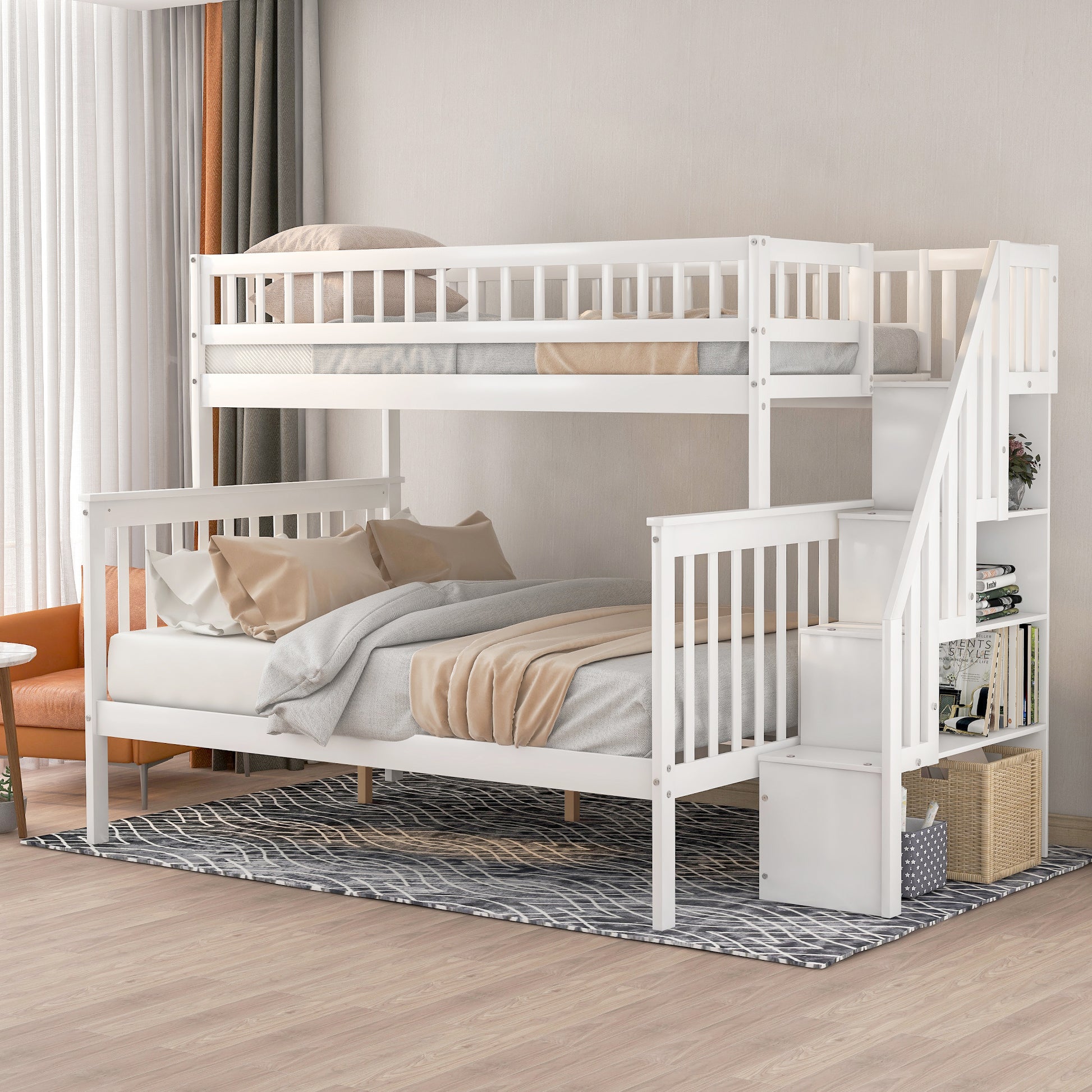 Twin Over Full Stairway Bunk Bed With Storage, White Twin White Pine