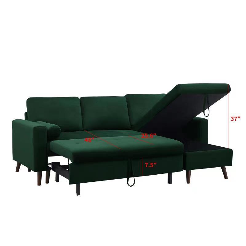 88 Inch Reversible Pull Out Sleeper Sectional Storage Sofa Bed,Corner Sofa Bed With Storage Chaise Left Right Handed Chaise Green Foam Velvet