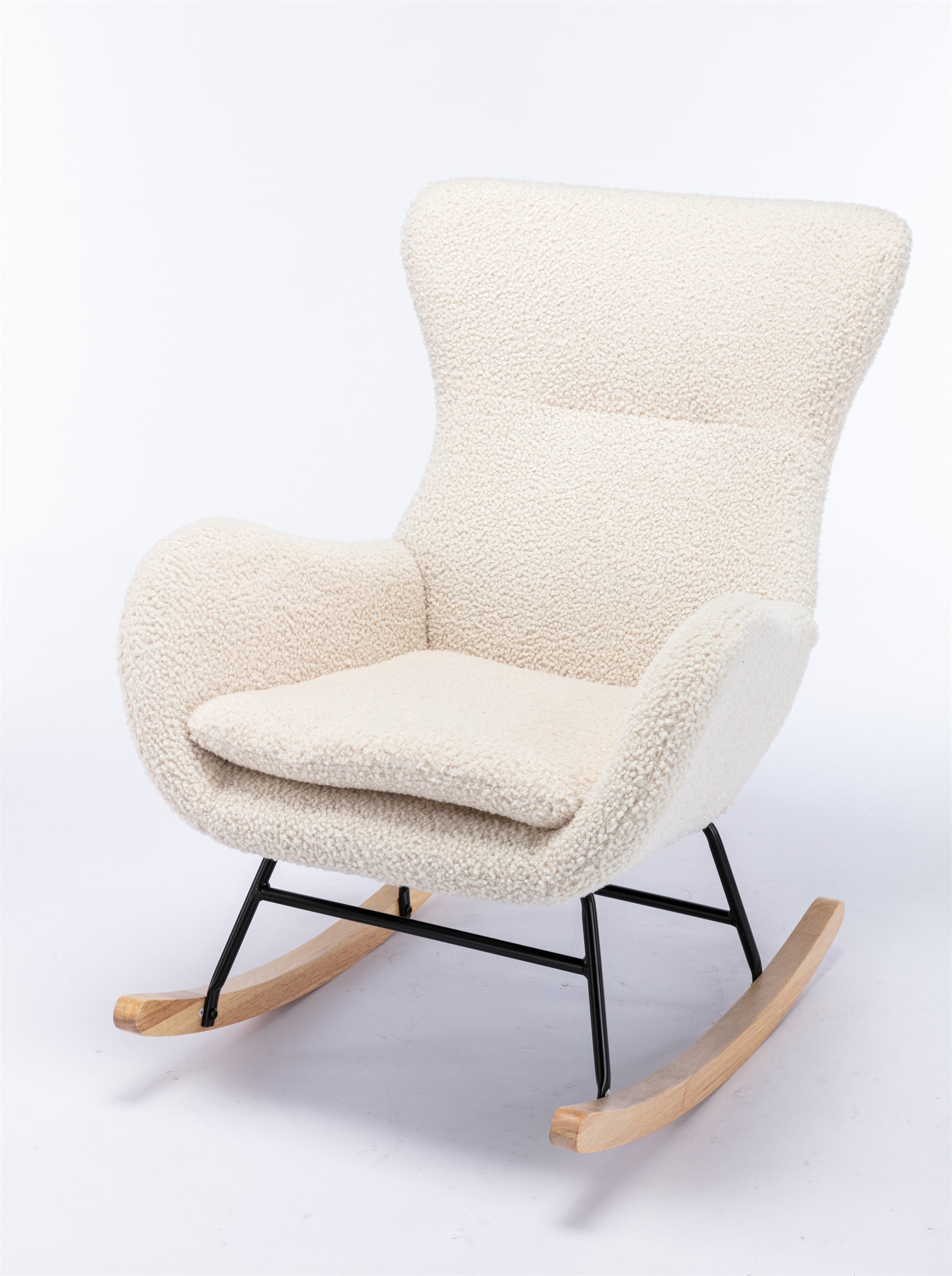 Teddy Fabric Padded Seat Rocking Chair With High Backrest And Armrests Beige Foam Upholstered