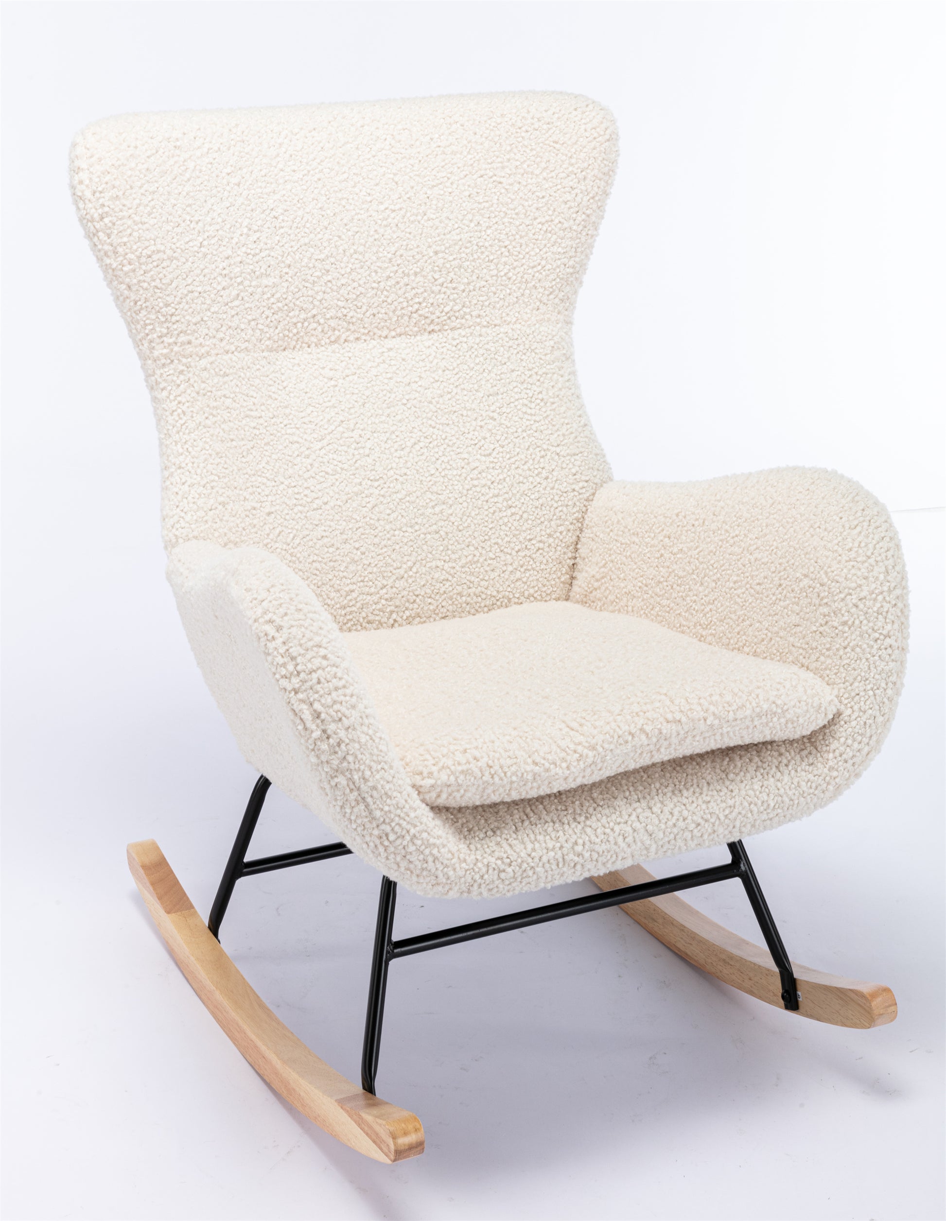 Teddy Fabric Padded Seat Rocking Chair With High Backrest And Armrests Beige Foam Upholstered