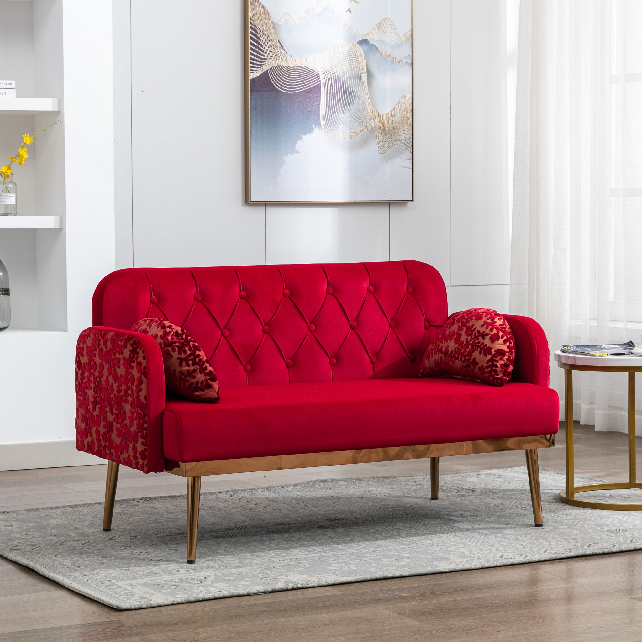 Coolmore Modern Velvet Loveseat Sofacomfy Upholstered 2 Seater Sofa With Gold Metal Legs, Small Loveseat Accent Couch For Living Bedroom Leisure Areas Red Velvet Red Foam Polyester 2 Seat