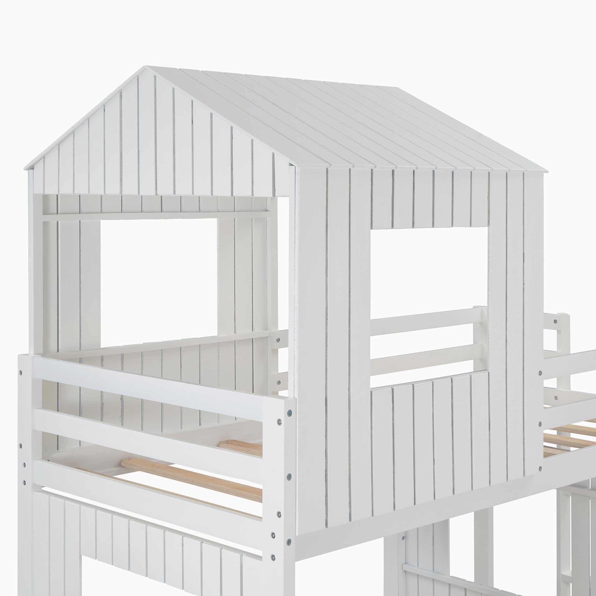 Wooden Twin Over Full Bunk Bed, Loft Bed With Playhouse, Farmhouse, Ladder And Guardrails, White Old Sku: Lt000027Aak White Solid Wood