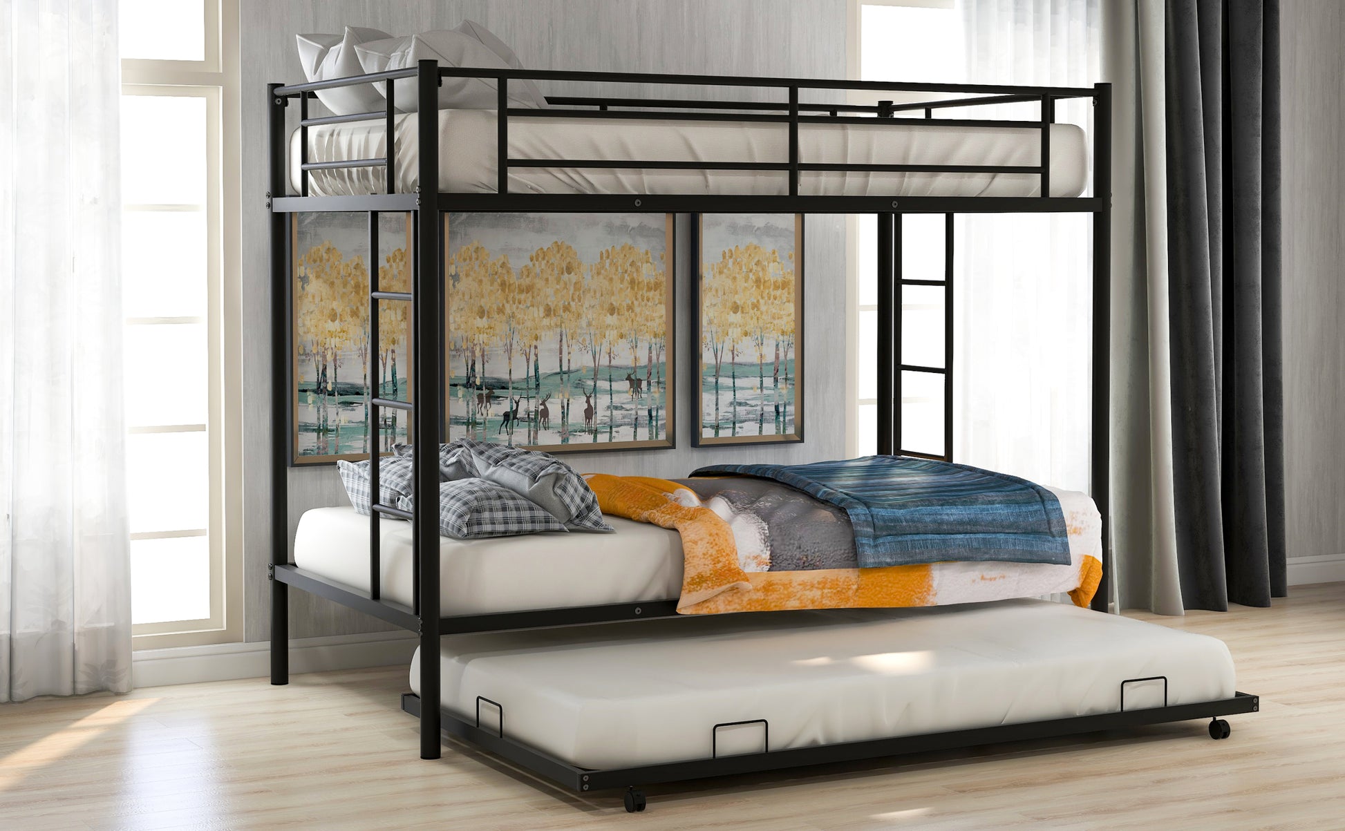 Twin Over Twin Bunk Bed With Trundle, Black Old Sku:Mf192387Aab Black Metal