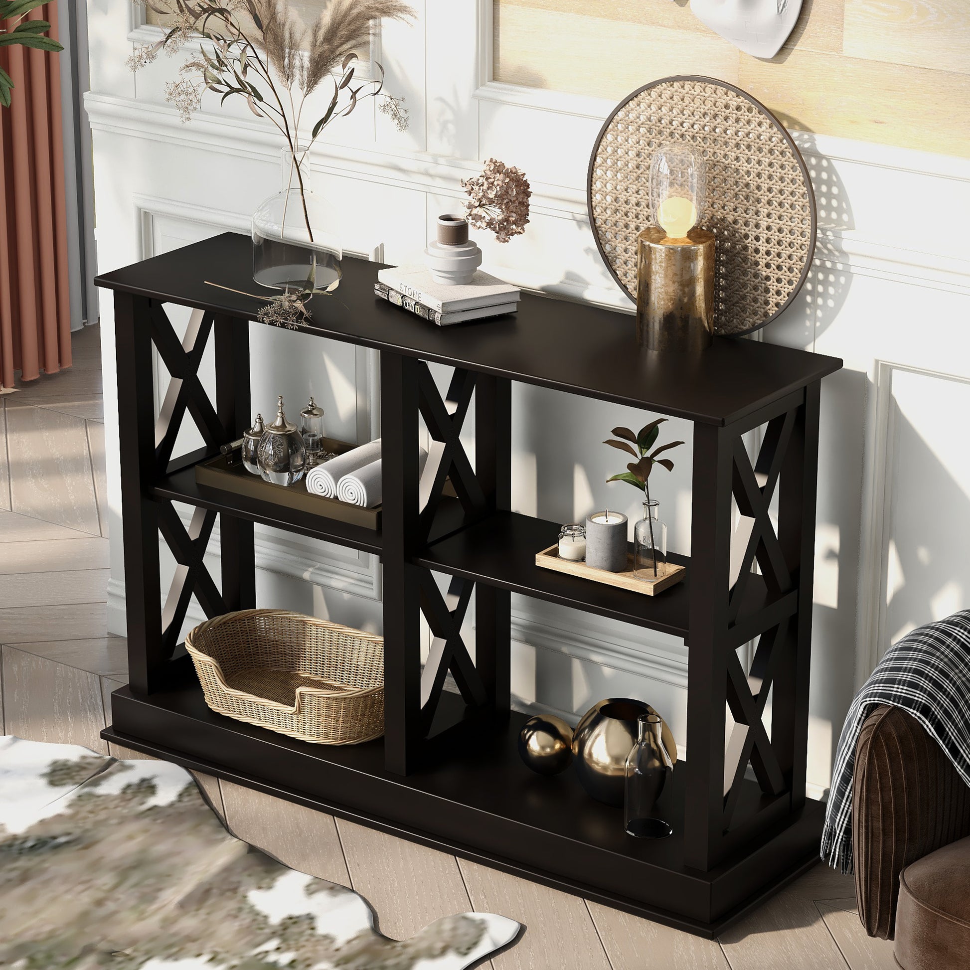 Console Table With 3 Tier Open Storage Spaces And "X" Legs, Narrow Sofa Entry Table For Living Room, Entryway And Hallway Black Black Solid Wood