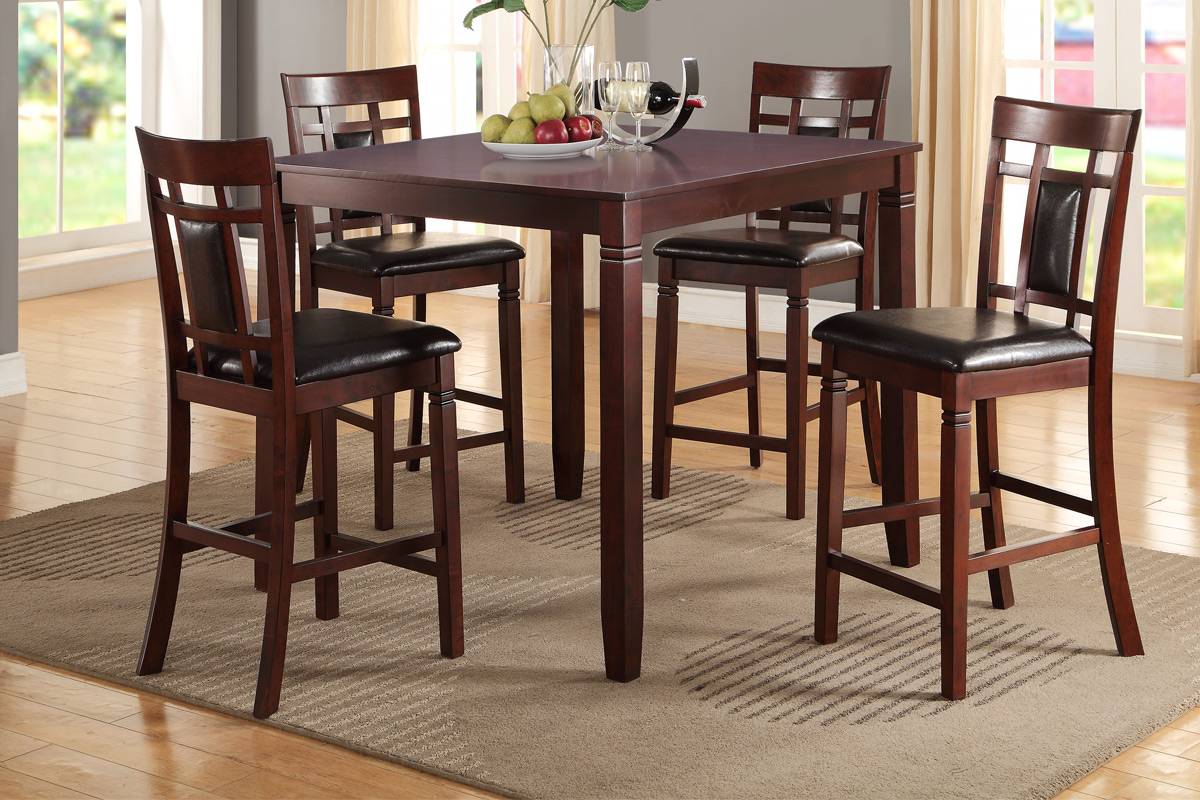 Modern Contemporary 5Pc Counter Height Dining Set Cherry Brown Finish Unique Eyelet Back 4X Chairs Brown Wood Dining Room Rubberwood Square Dining Table With Chair Wood Wood Brown Seats 4 42 Inches Contemporary,Modern 4 Leg Rubber Wood