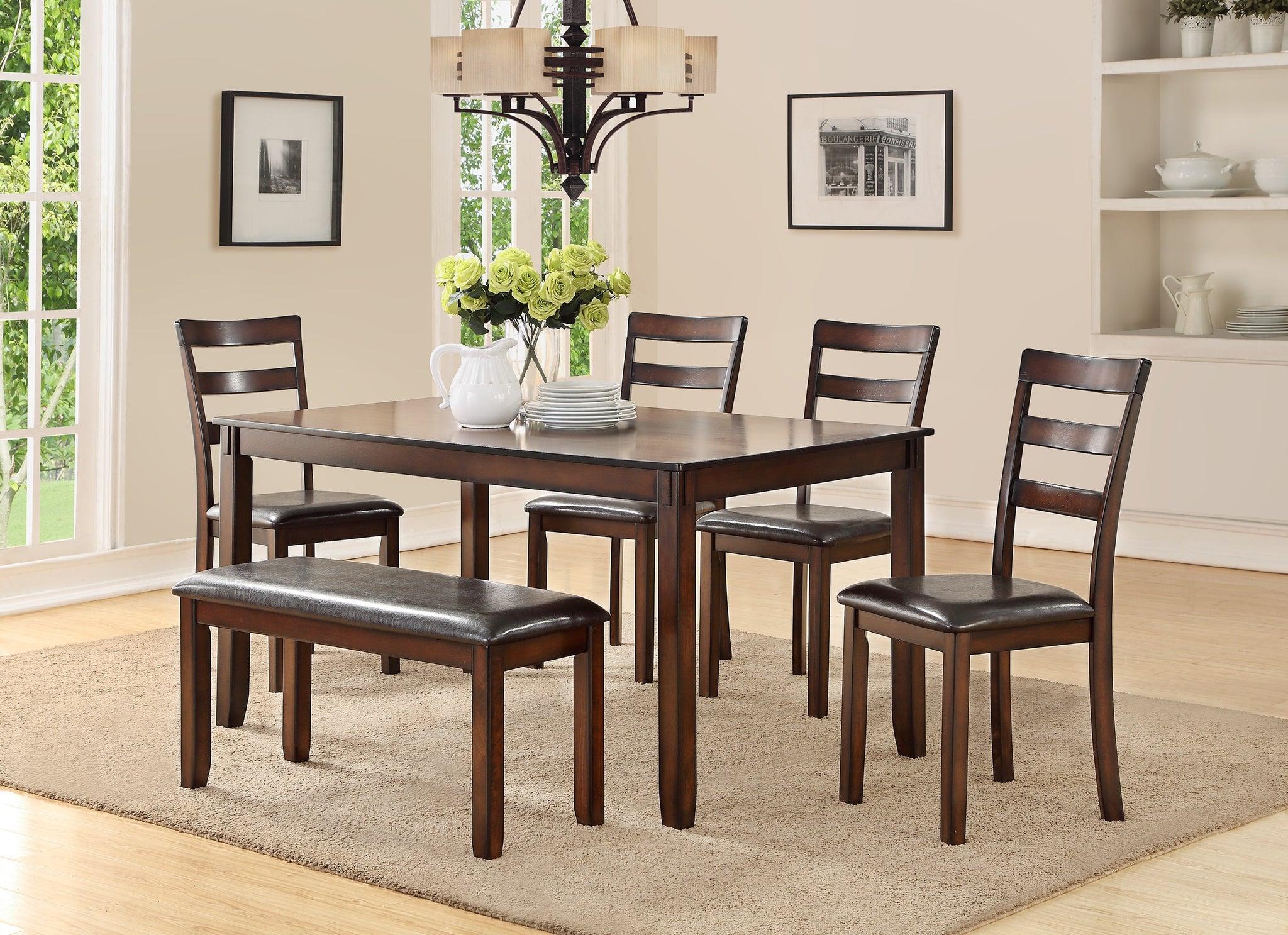 Classic Style 6Pcs Dining Set Rectangle Table 4 Side Chairs And Bench Dining Room Furniture Mdf Rubber Wood Brown Wood Dining Room Solid Wood Rubberwood Rectangular Dining Table With Chair And Bench Wood Wood Espresso Ladder Back Seats 6 60 Inches