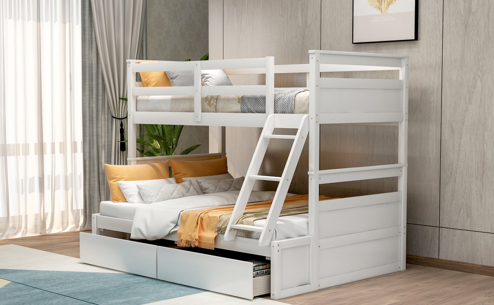 Twin Over Full Bunk Bed With Storage White Old Sku :Lp000022Aak Twin White Solid Wood