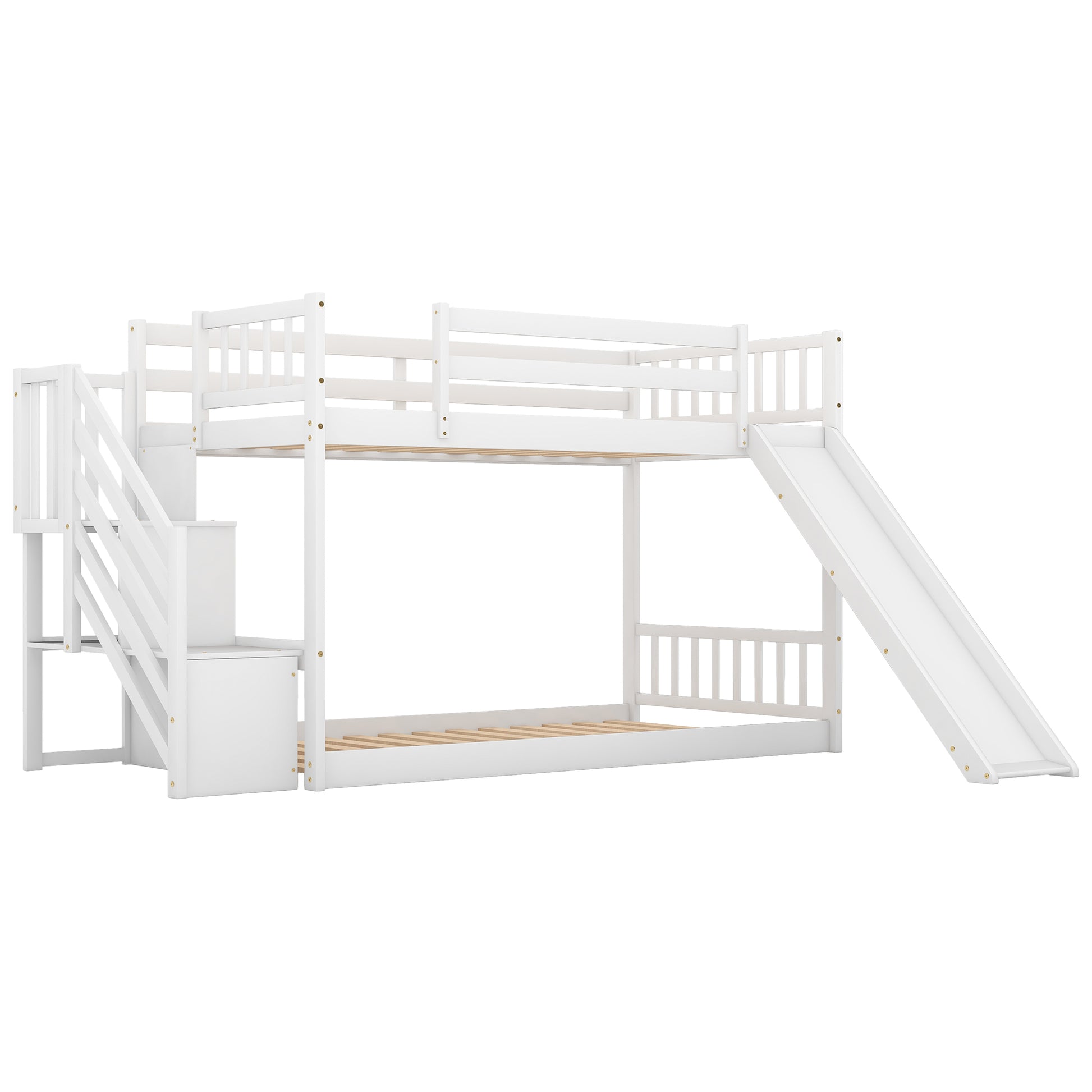 Twin Over Twin Bunk Bed With Convertible Slide And Stairway, White White Pine