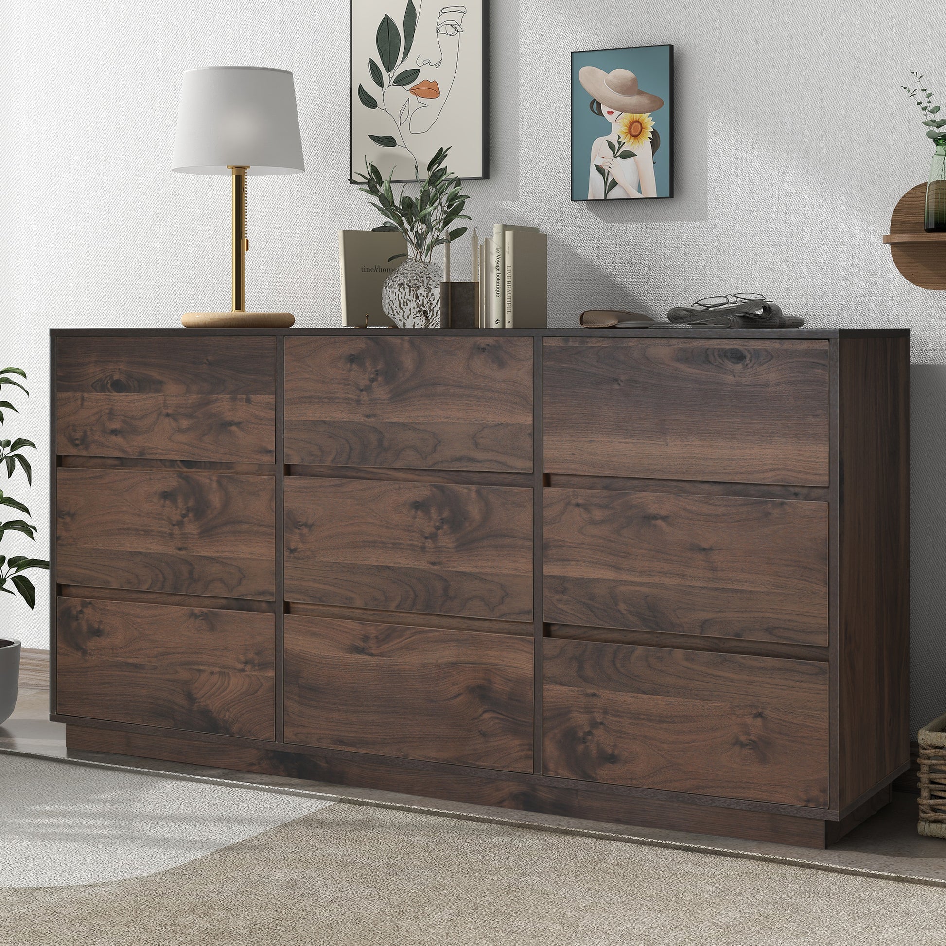Mid Century Modern 9 Drawers Dresser,Dark Brown Dark Brown Mdf