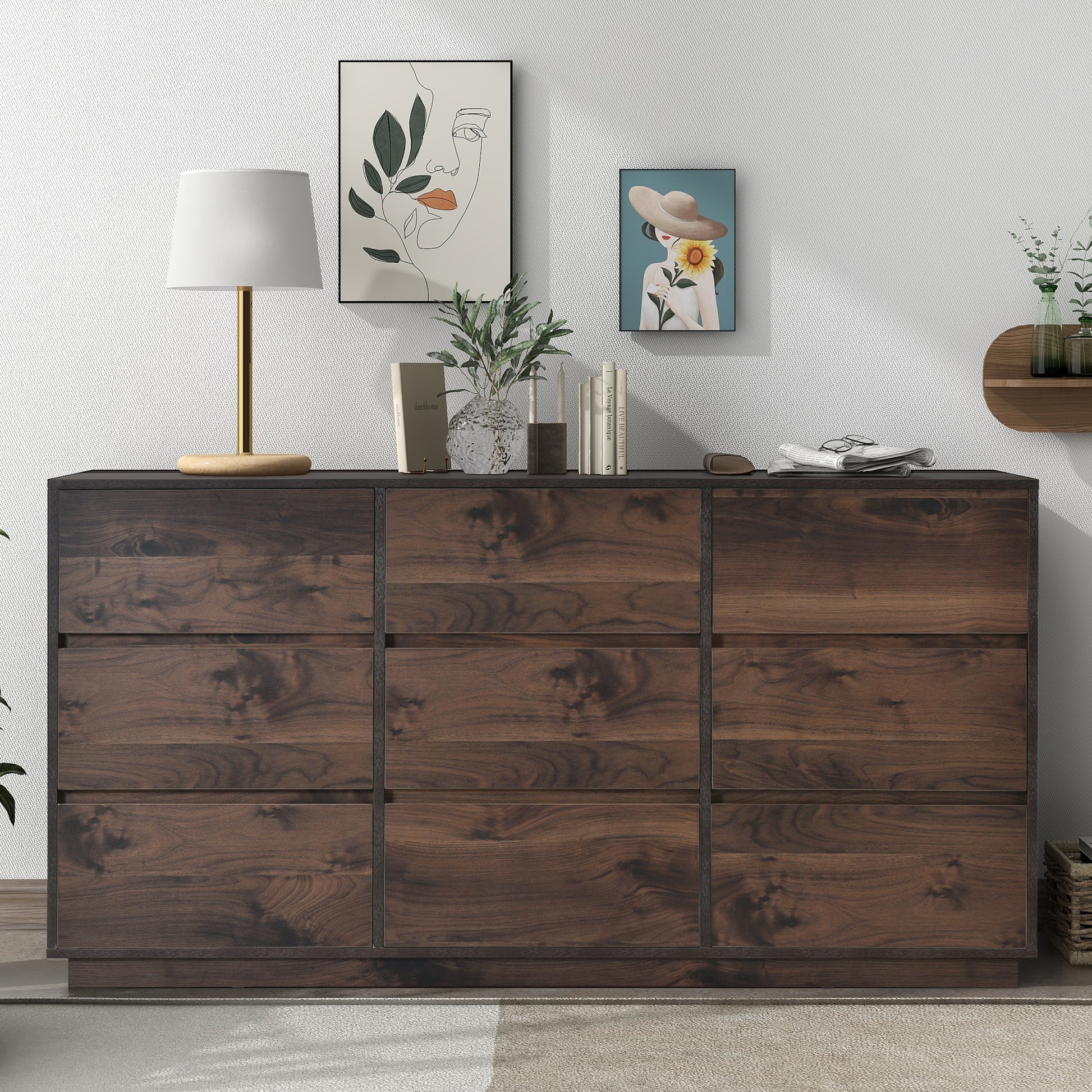 Mid Century Modern 9 Drawers Dresser,Dark Brown Dark Brown Mdf
