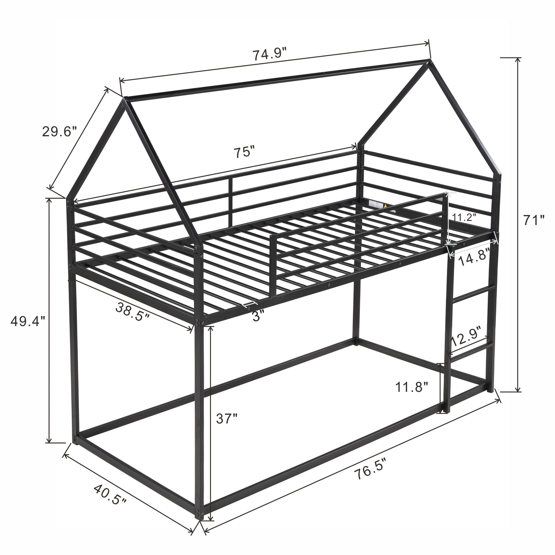 Twin Over Twin House Bunk Bed With Built In Ladder,Black Black Metal
