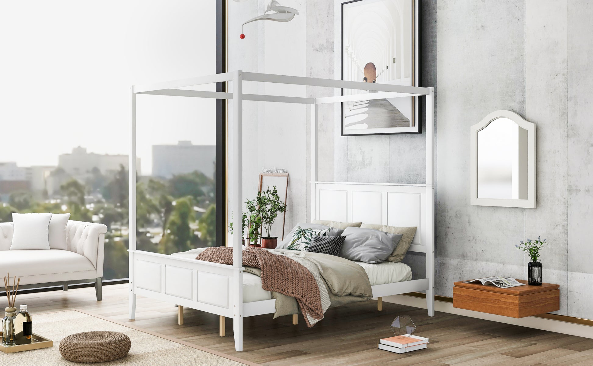 Queen Size Canopy Platform Bed With Headboard And Footboard,Slat Support Leg,White Box Spring Not Required Queen White Wood Canopy Pine