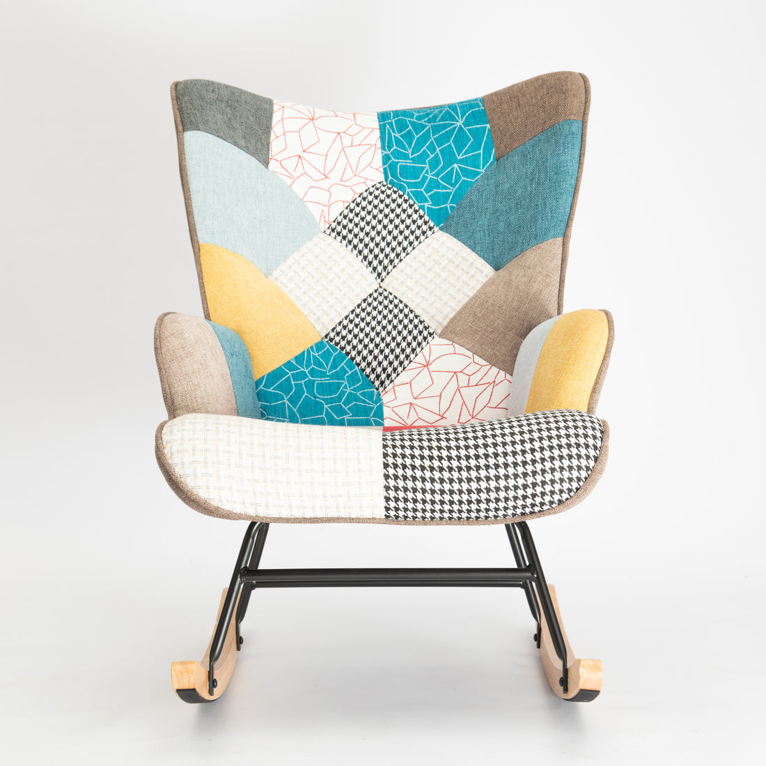 Rocking Chair, Mid Century Fabric Rocker Chair With Wood Legs And Patchwork Linen For Livingroom Bedroom Multicolor Linen