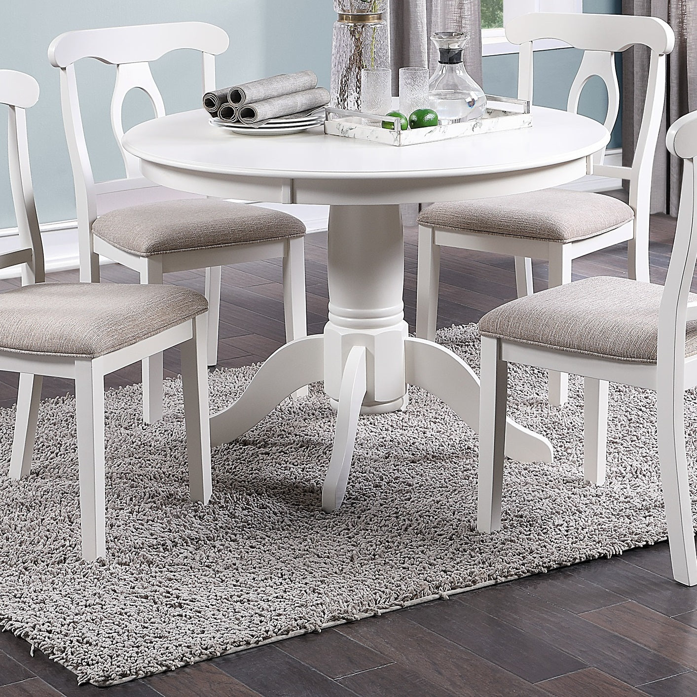 Classic Design Dining Room 5Pc Set Round Table 4X Side Chairs Cushion Fabric Upholstery Seat Rubberwood Furniture Wood White White Wood Dining Room Classic,Contemporary,Modern Rubberwood Pedestal Dining Table With Chair Mdf