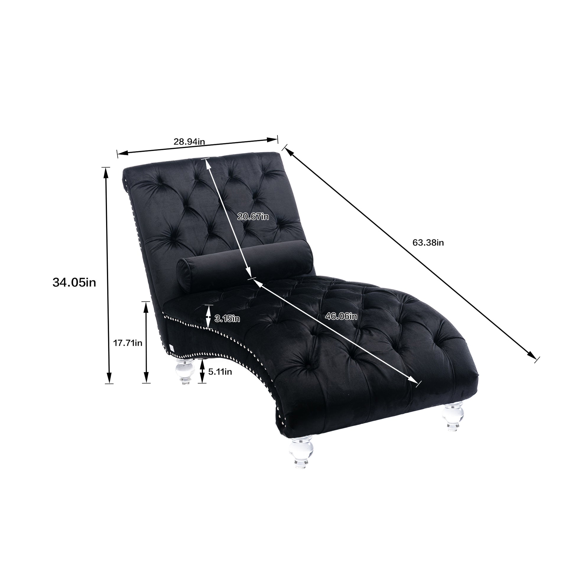 Coomoreleisure Concubine Sofa With Acrylic Feet Black Velvet