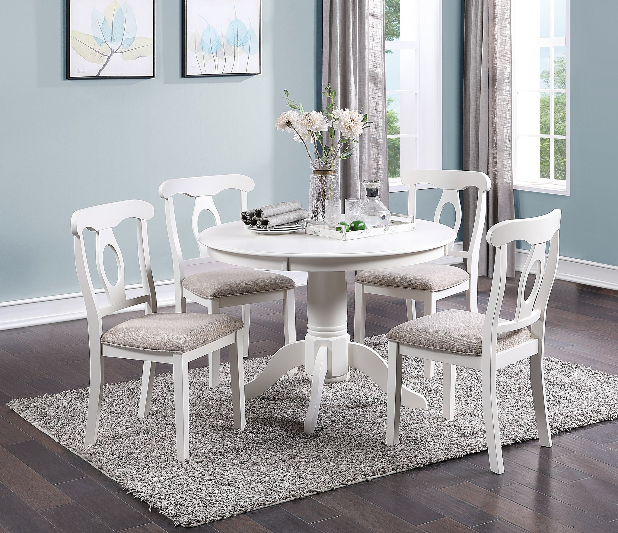 Classic Design Dining Room 5Pc Set Round Table 4X Side Chairs Cushion Fabric Upholstery Seat Rubberwood Furniture Wood White White Wood Dining Room Classic,Contemporary,Modern Rubberwood Pedestal Dining Table With Chair Mdf