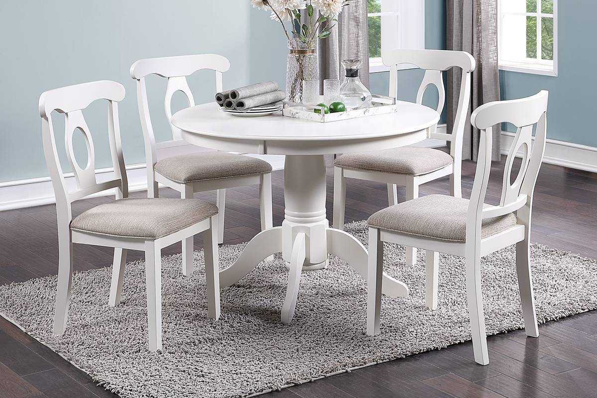 Classic Design Dining Room 5Pc Set Round Table 4X Side Chairs Cushion Fabric Upholstery Seat Rubberwood Furniture Wood White White Wood Dining Room Classic,Contemporary,Modern Rubberwood Pedestal Dining Table With Chair Mdf