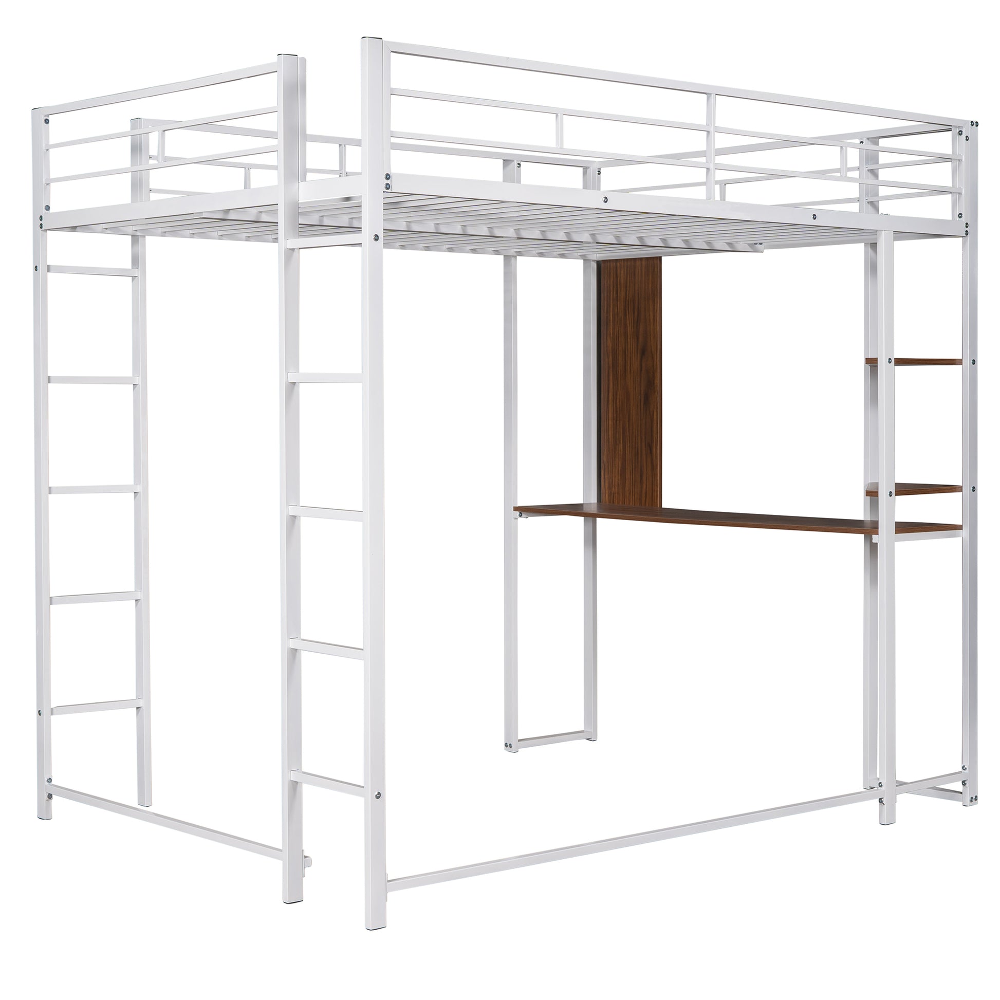 Full Size Metal Loft Bed With 2 Shelves And One Desk ,White Old Sku: Lp000191Aak White Metal